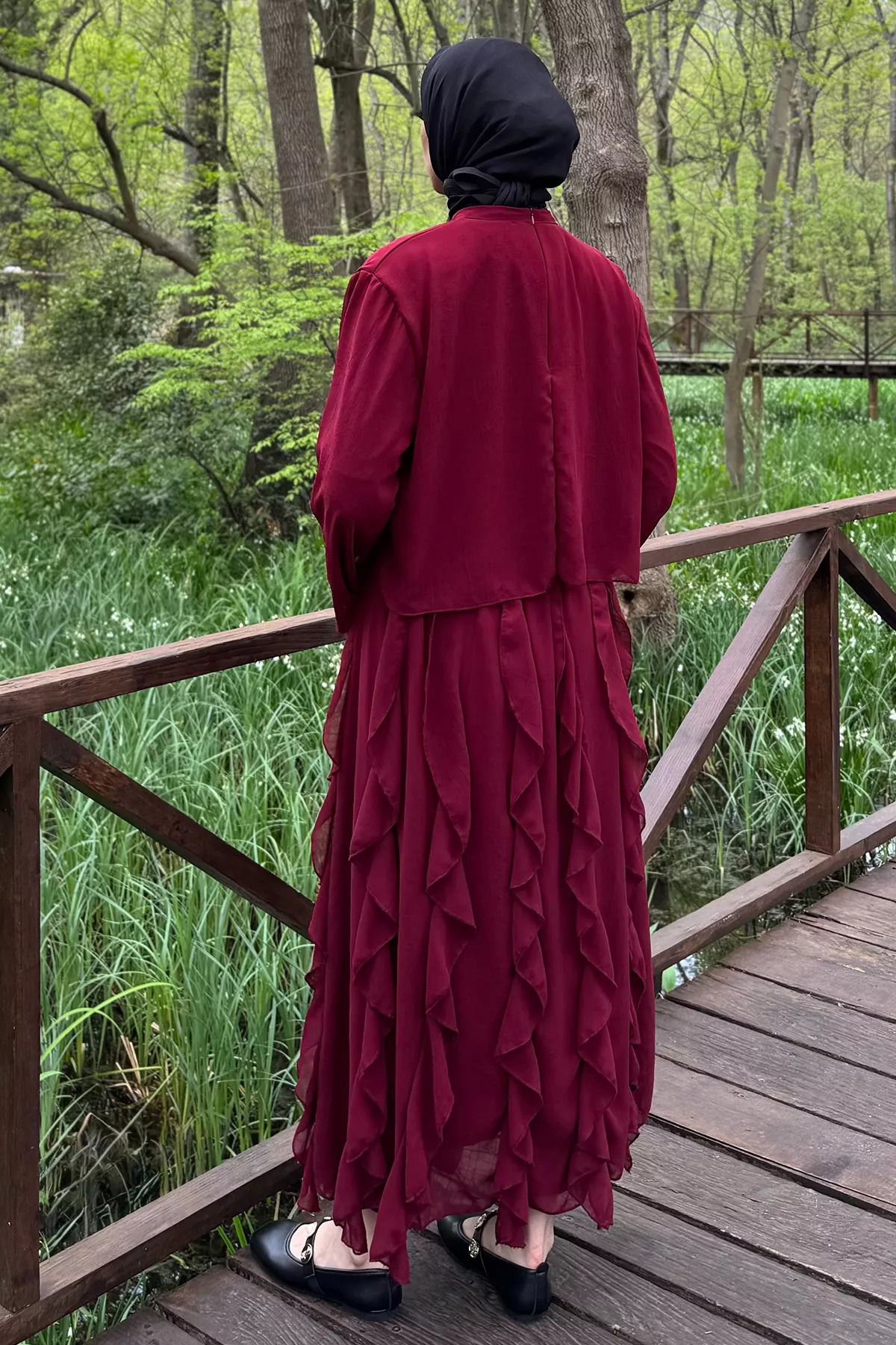 julude-Set de două piese bluză cu fustă din șifon, căptușită cu volane, roșu claret 4