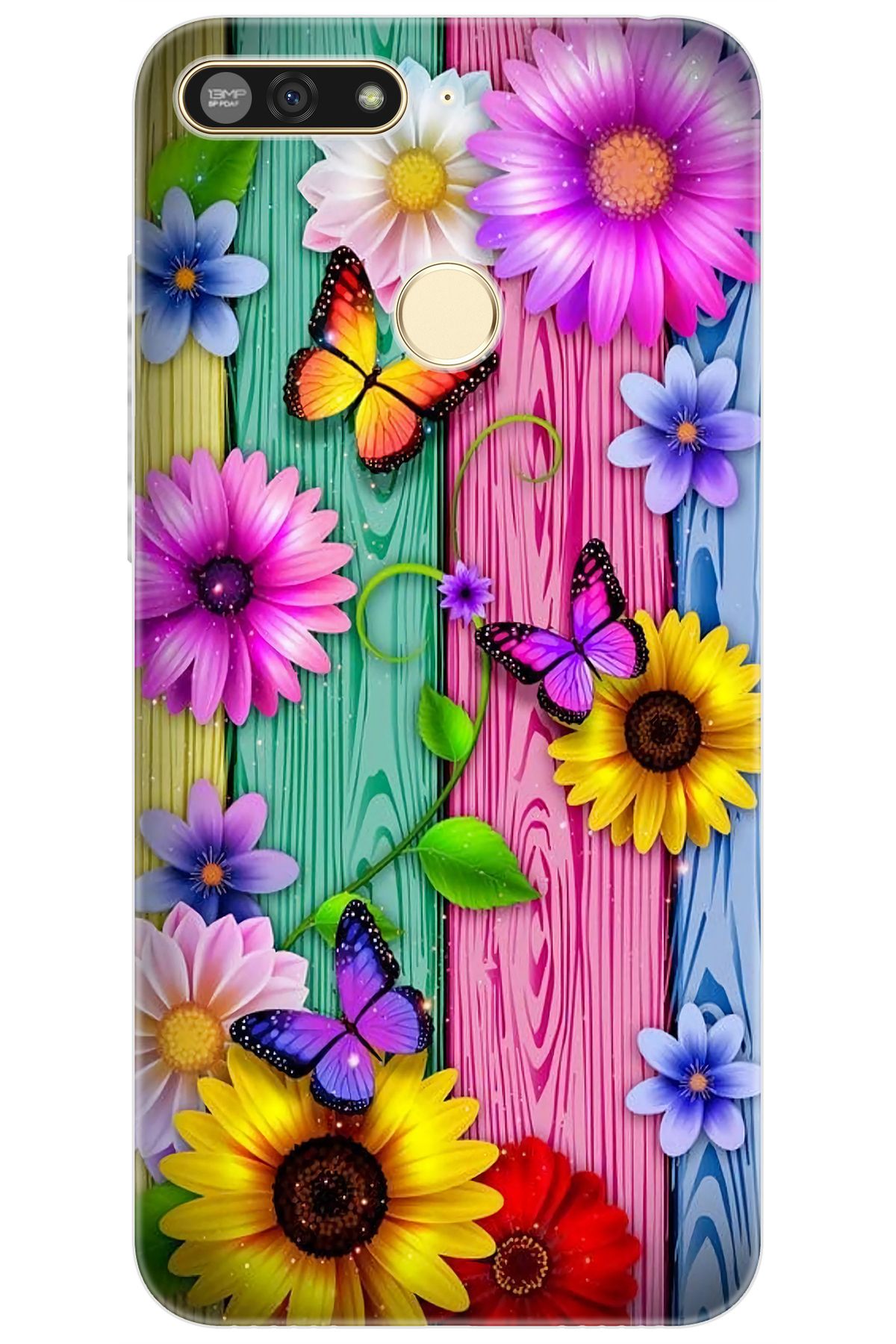 Ceppare Honor 7A (AUM-L29) Uyumlu Kılıf Desen Baskılı Silikon Renkli Papatya - Kelebekler STK:719 CP-pUXYsO2