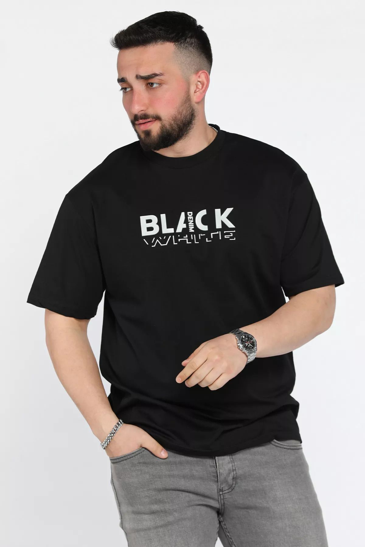 MİSHAR İTALİA Siyah Yazı Baskılı Erkek Bisiklet Yaka Tişört