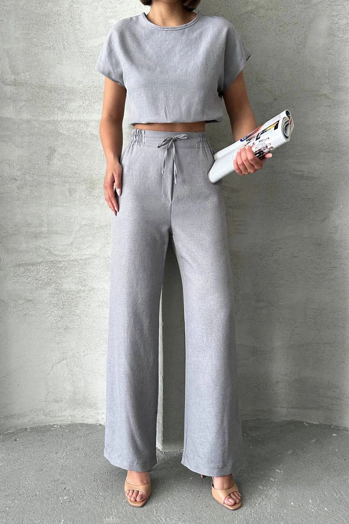 bacc Gri Crop Bluz Ve Pantolon Alt Üst Takım BCHN-25255057