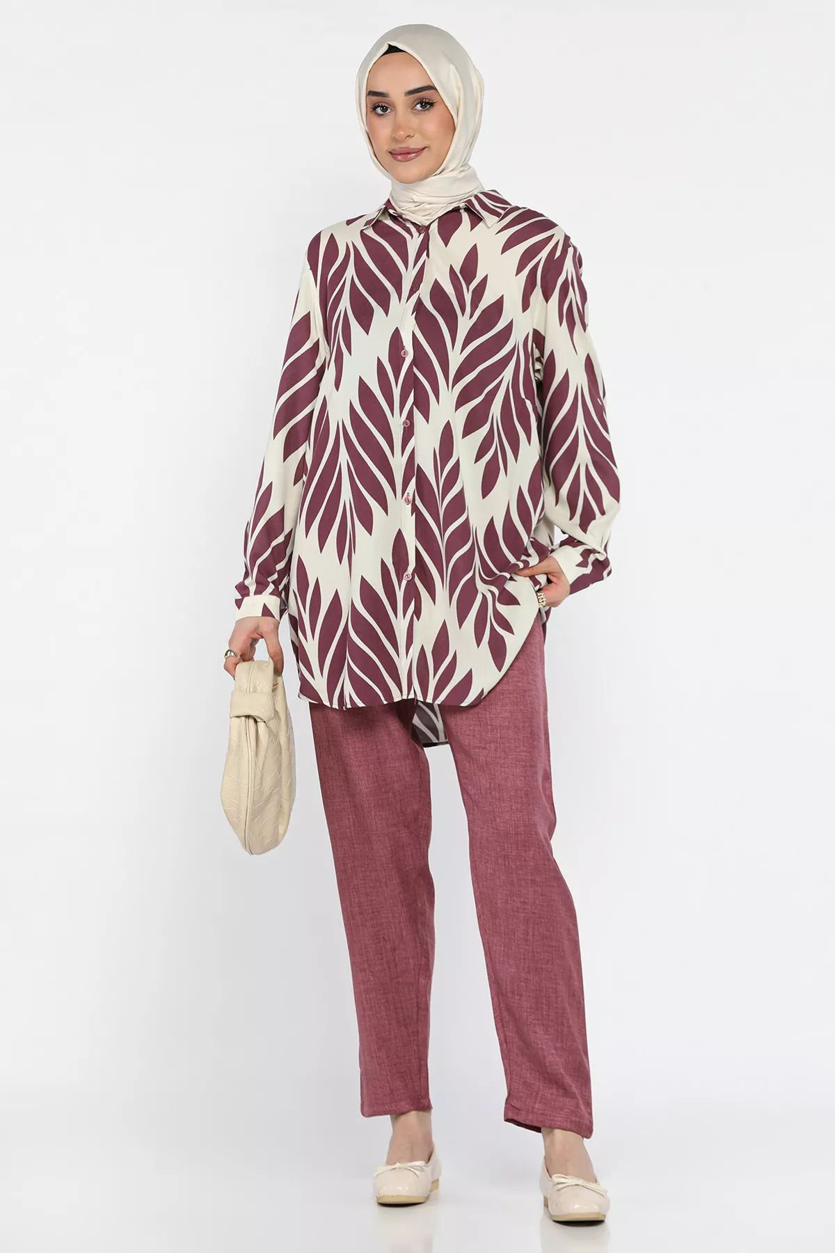 julude-Cream Plum Large Size Patterned Tunic Trousers Hijab Double Set 2