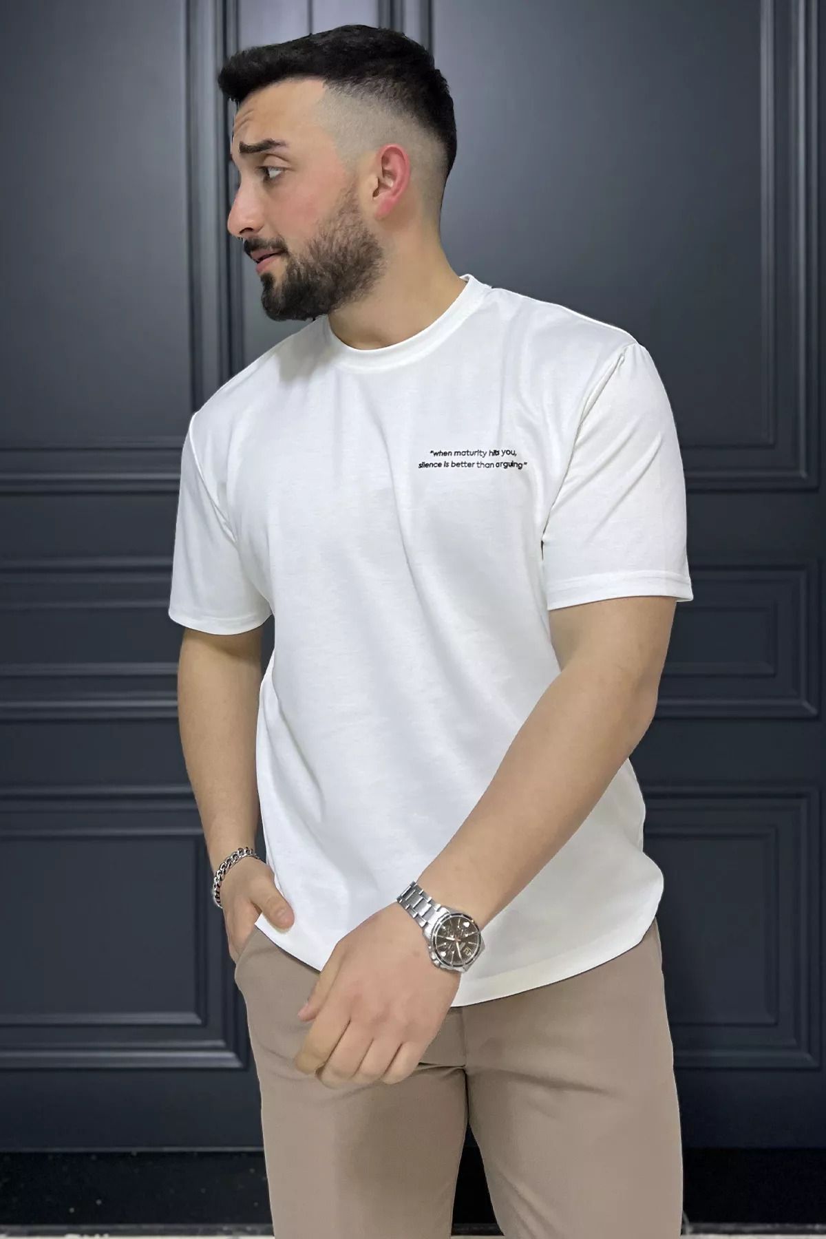 MİSHAR İTALİA Krem Erkek Yazı Baskılı Tişört