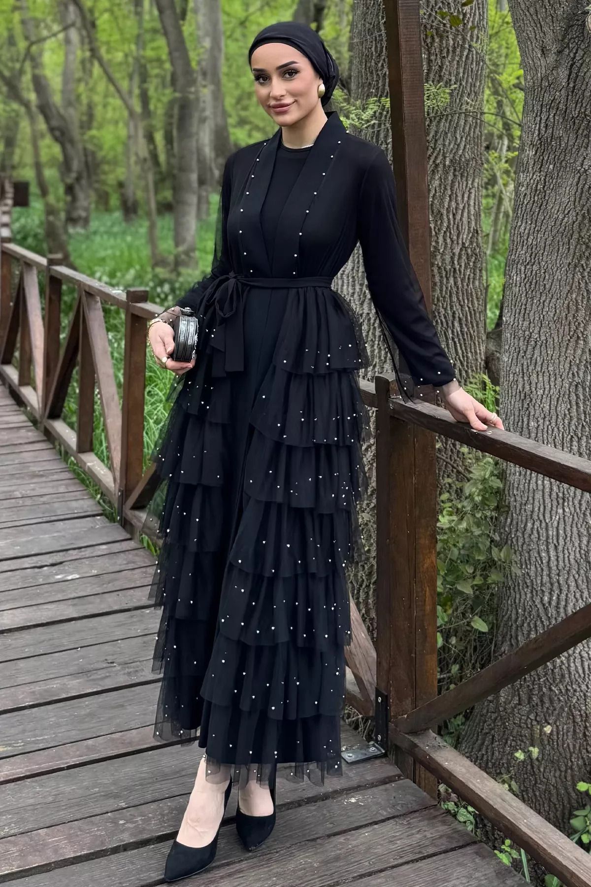 julude Siyah Kadın Tüllü İnci İşlemeli Bel Kuşak Detaylı İkili Abiye Takım