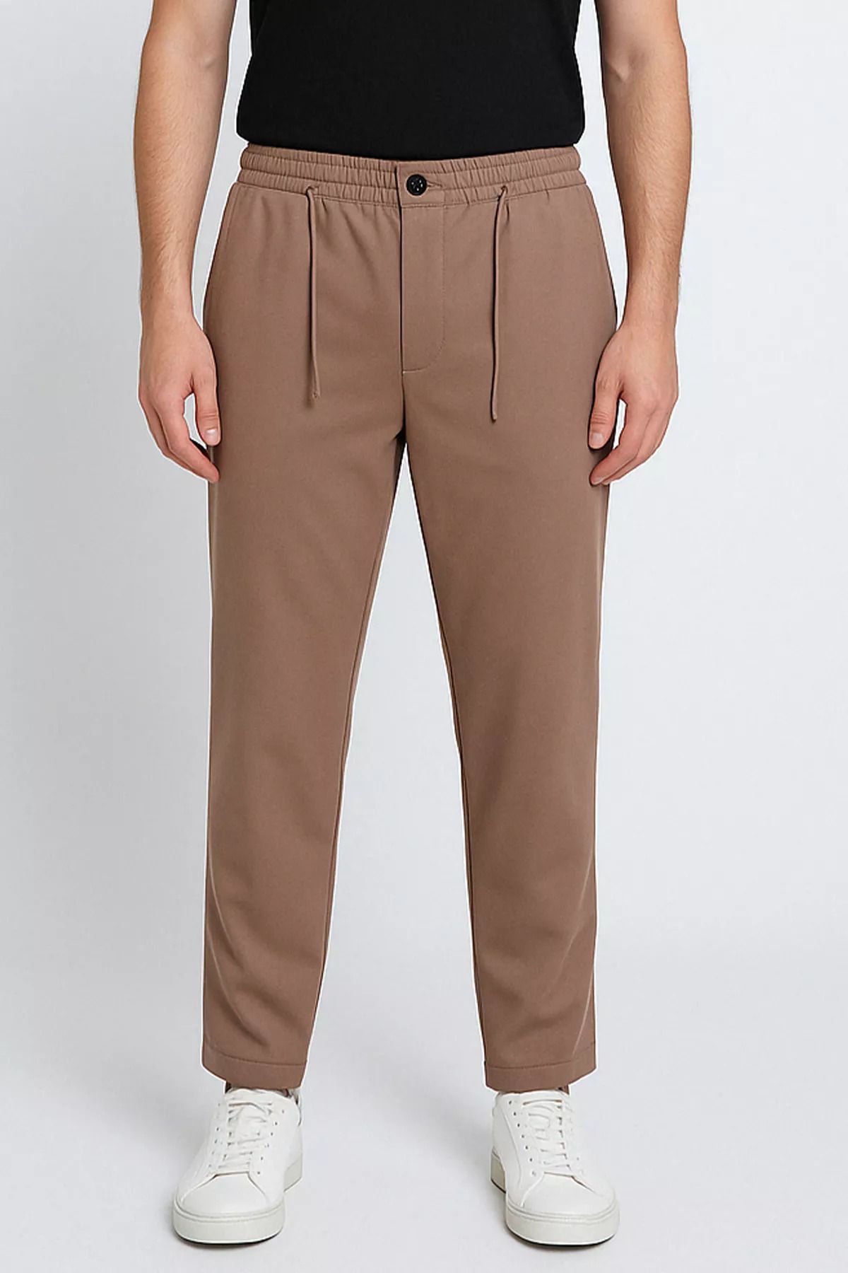 MİSHAR İTALİA Vizon Erkek Bel Bağcıklı Fermuarlı Düz Paça Jogger Pantolon