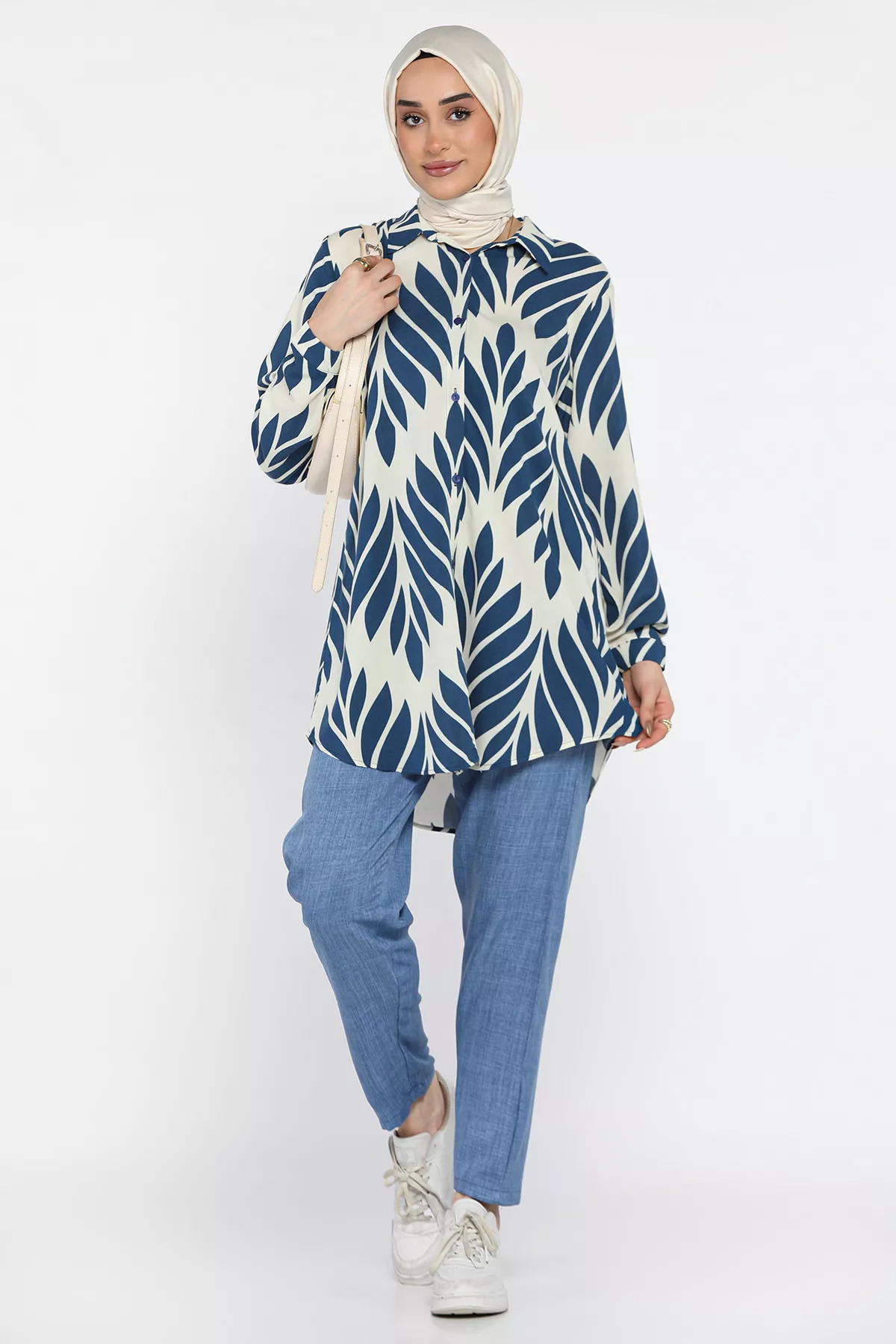 julude-Kremindigo Plus Size Patterned Tunic Trousers Hijab Double Set 2