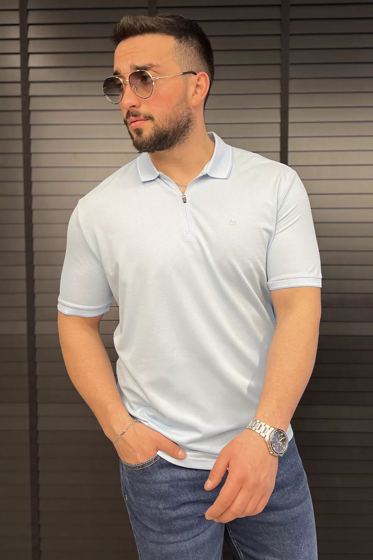 MİSHAR İTALİA Bebemavisi Yarım Fermuarlı Polo Yaka Erkek Tişört