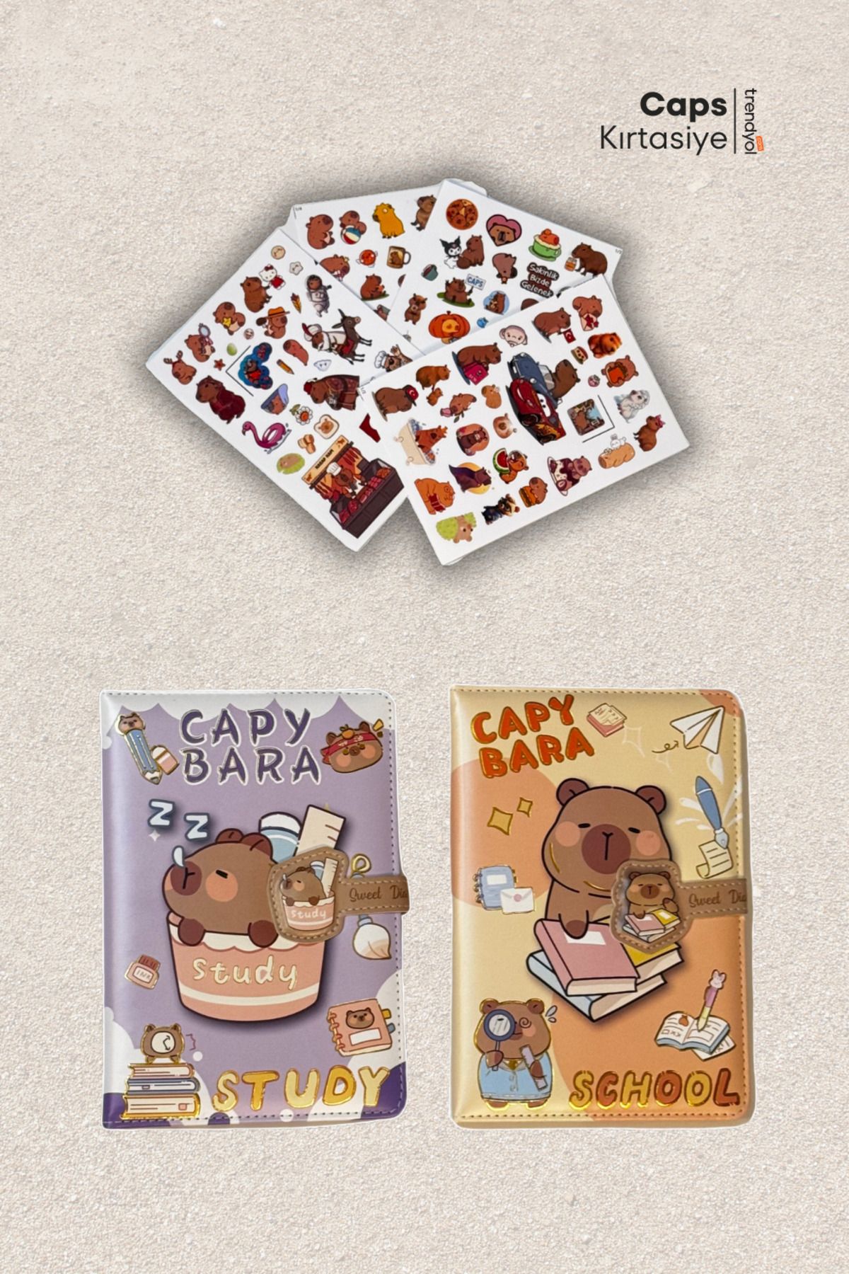caps office Capybara (Kapibara) Temalı A5 Kilitli 160 Sayfa Defter & 4 Sayfa Yerli Çıkartma Kırtasiye Seti