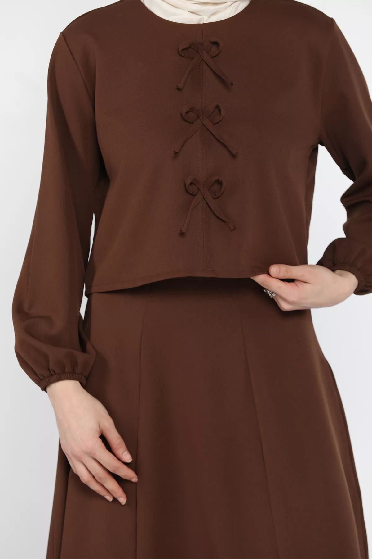 julude-Brown Bow Blouse Skirt Hijab Double Set 4