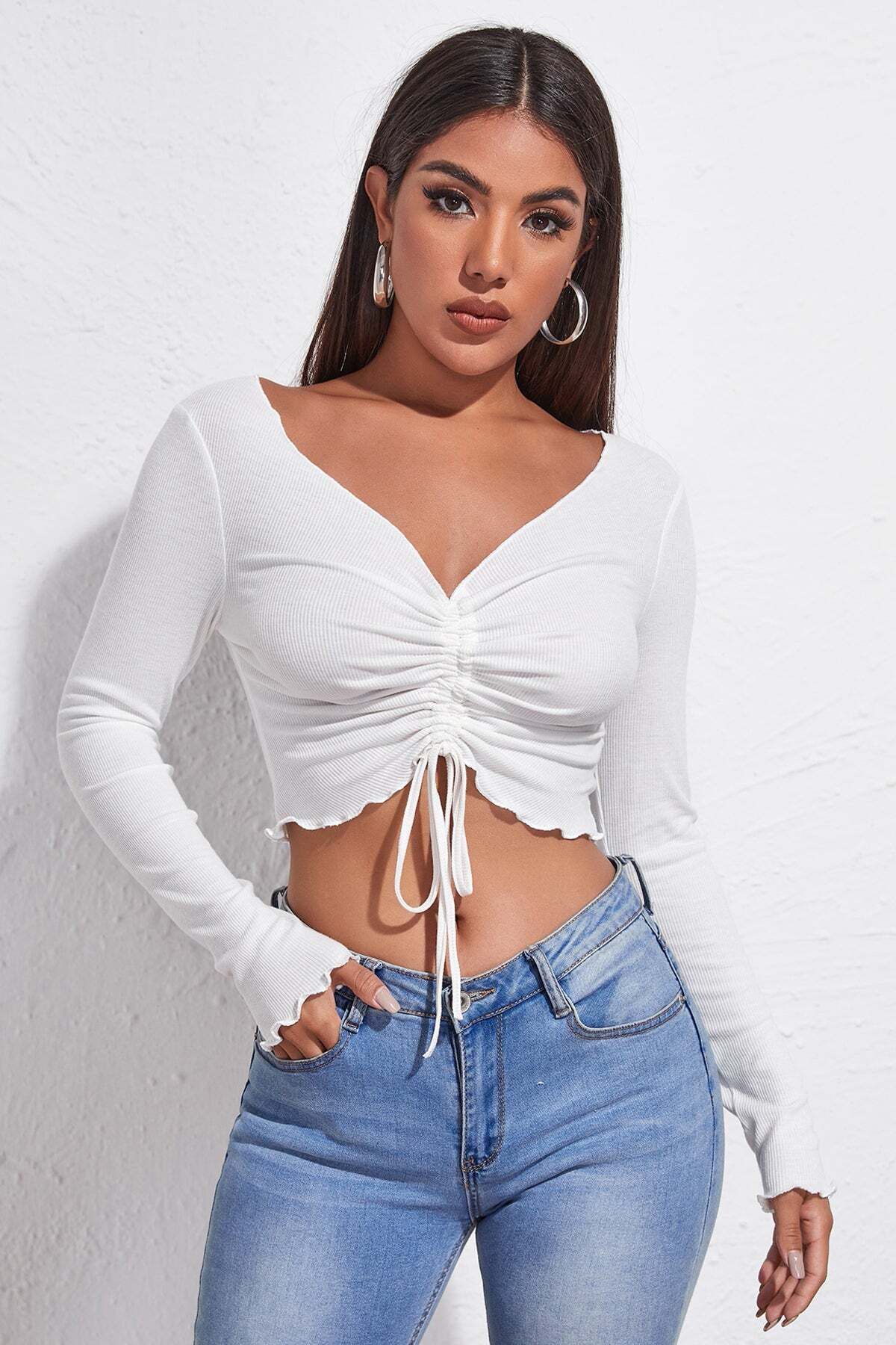 Ethab Ticaret Kadın Beyaz Uzun Kollu Büzdürme Bağcık Detaylı Crop Top Bluz