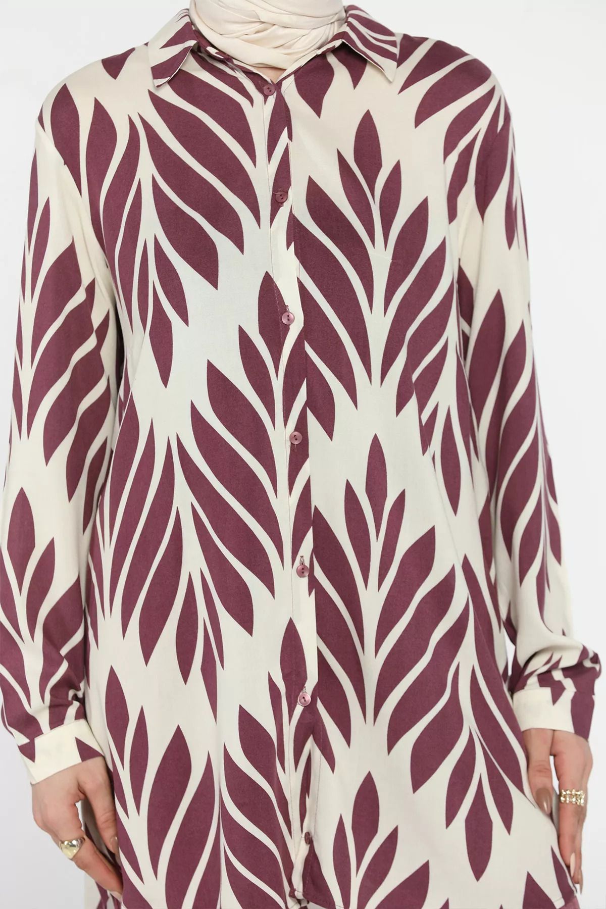 julude-Cream Plum Large Size Patterned Tunic Trousers Hijab Double Set 8