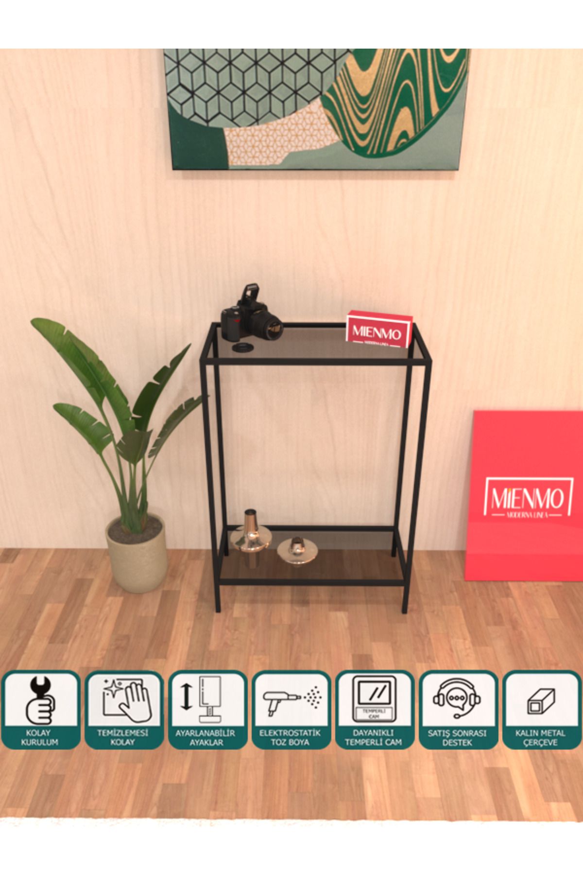 Mienmo Ludo Metal Dresuar Dekoratif Çok Raflı Kahve Köşesi Konsol Siyah Füme Camlı 60 Cm