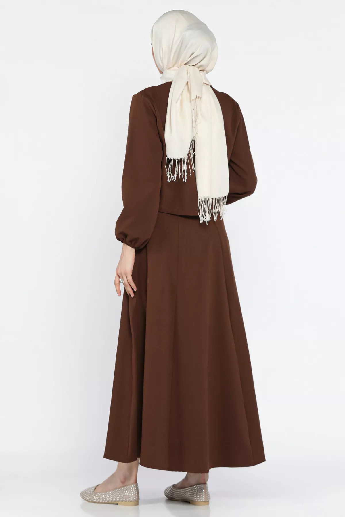 julude-Brown Bow Blouse Skirt Hijab Double Set 3