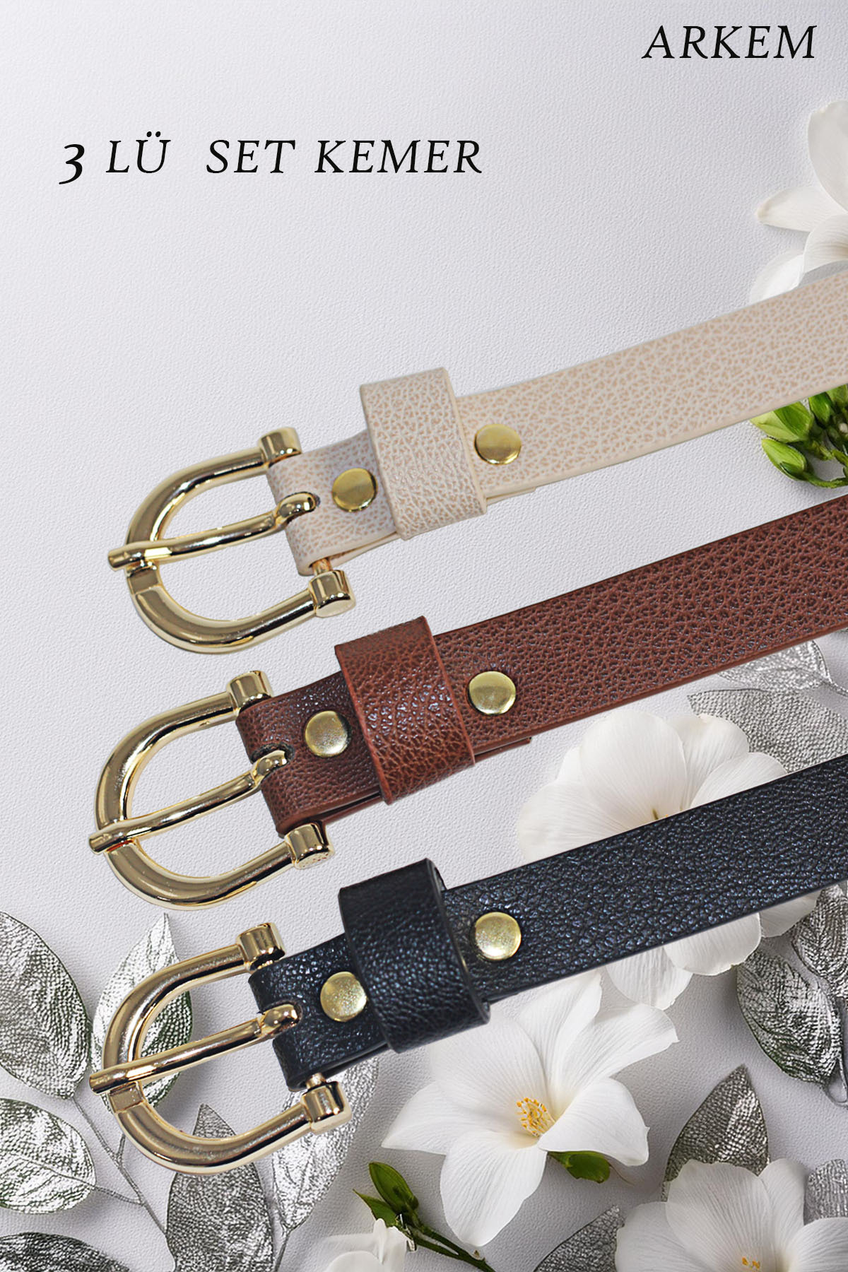 ARKEM CLUB  Kemer Klasik PU Kemer, Kot Pantolon, Elbiseler için Kemer Kadın Kemer 3 lü Set İnce Kemer - Görsel 2