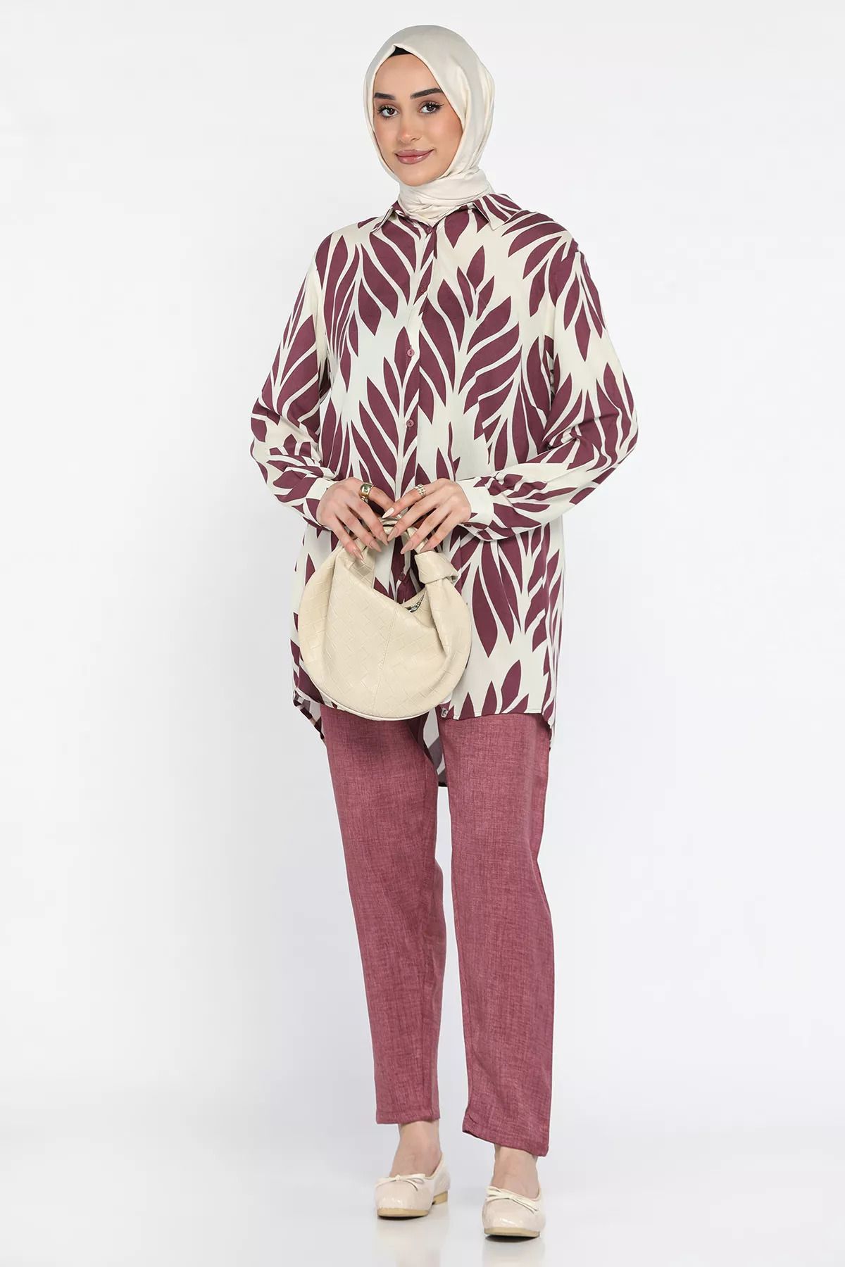 julude-Cream Plum Large Size Patterned Tunic Trousers Hijab Double Set 5