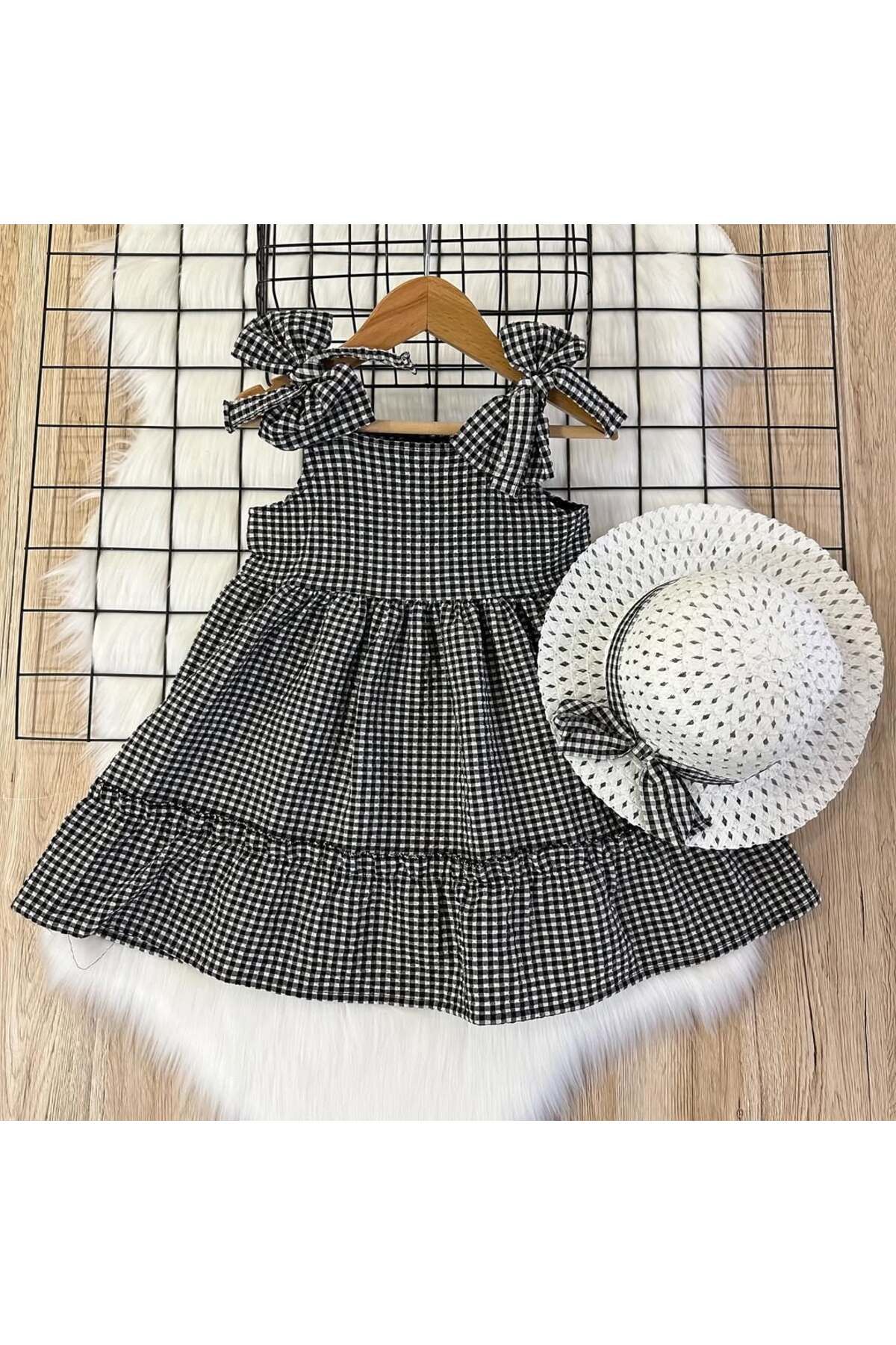 Gül.co Kids Kız Çocuk Şapkalı Askılı Pötikareli Gofre Yazlık Elbise