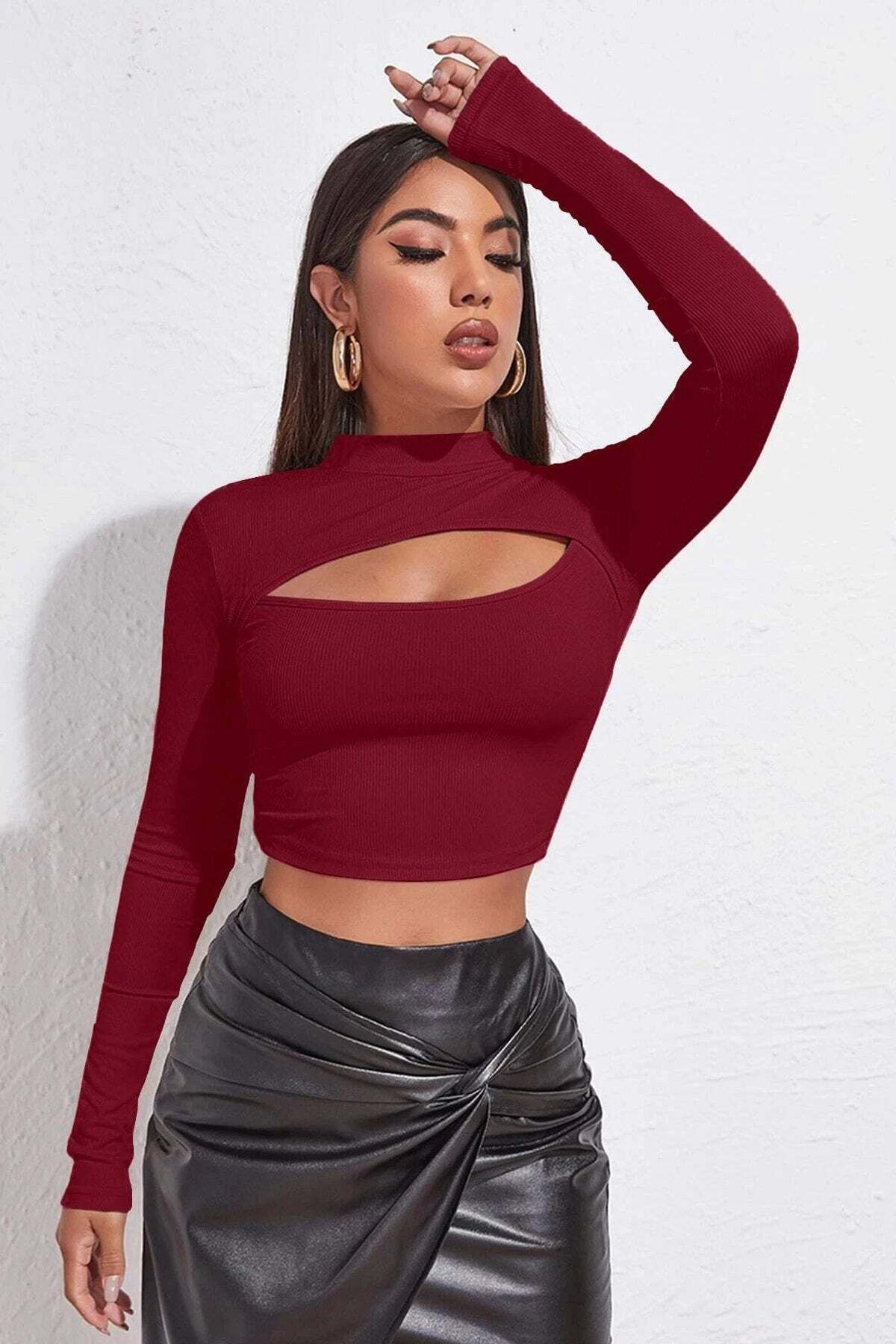 Ethab Ticaret Kadın Bordo Göğüs Dekolteli Uzun Kollu Cut Out Crop Top Bluz