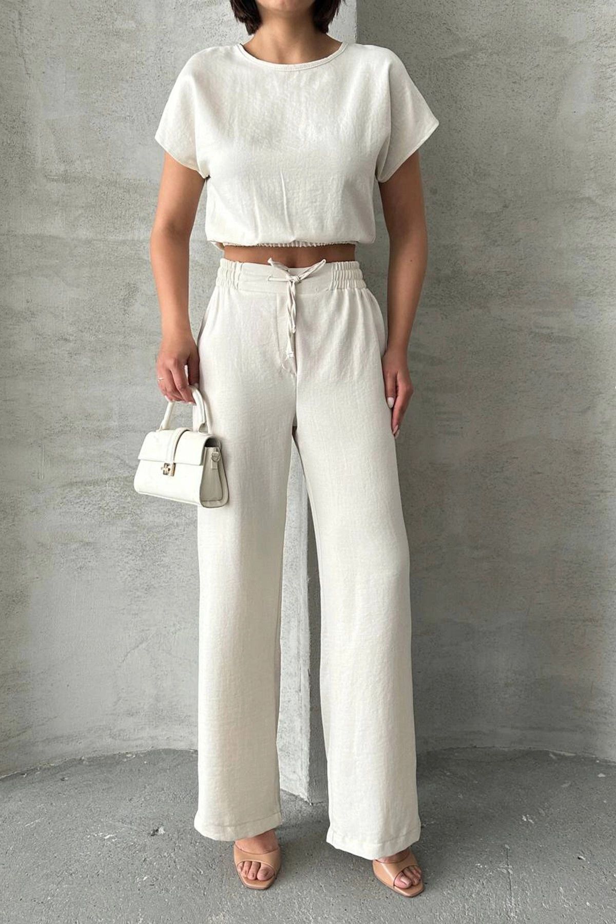 bacc Ekru Crop Bluz Ve Pantolon Alt Üst Takım BCHN-25255057