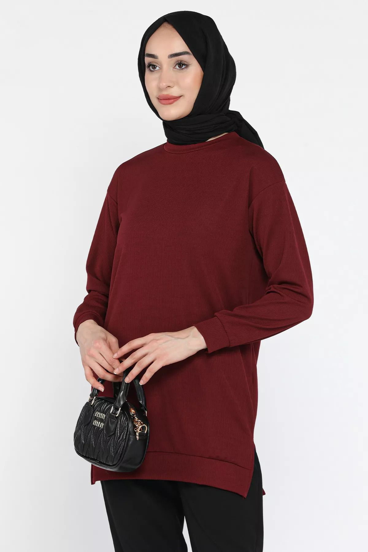 julude Bordo Kadın Bisiklet Yaka Kendinden Çizgi Desenli Tesettür Tunik
