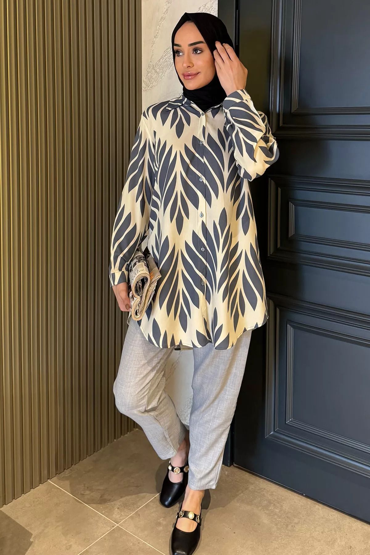 julude-Cream Gray Large Size Patterned Tunic Trousers Hijab Double Set 2