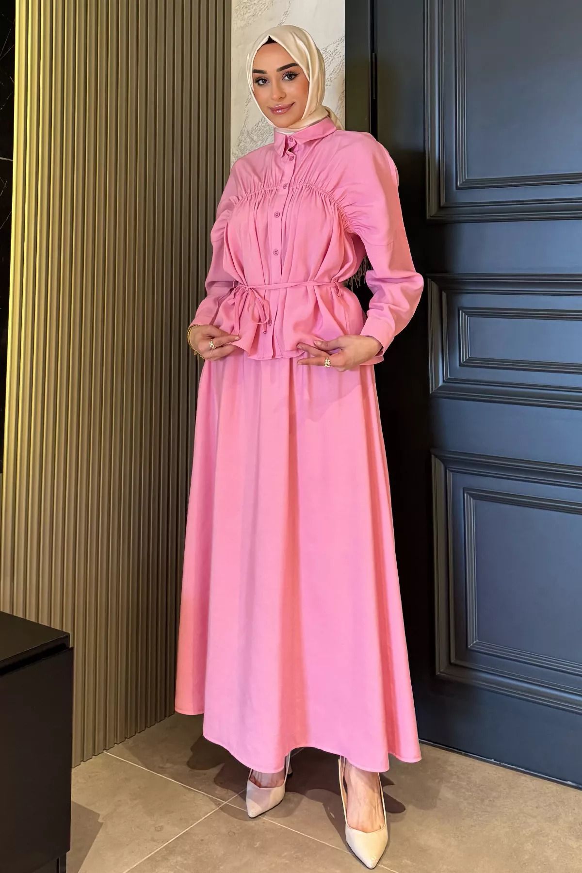julude Pembe Kadın Büzgü Detaylı Bel Bağlamalı Tunik Etek İkili Takım