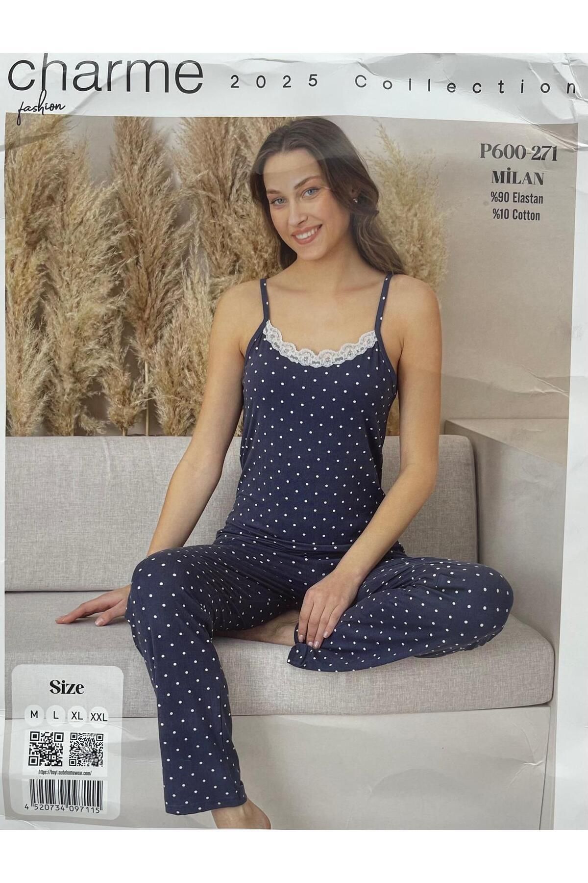 CHARME KOYU MAVİ PUANTİYELİ MİLAN KUMAŞ KULLANIŞLI PİJAMA TAKIMI