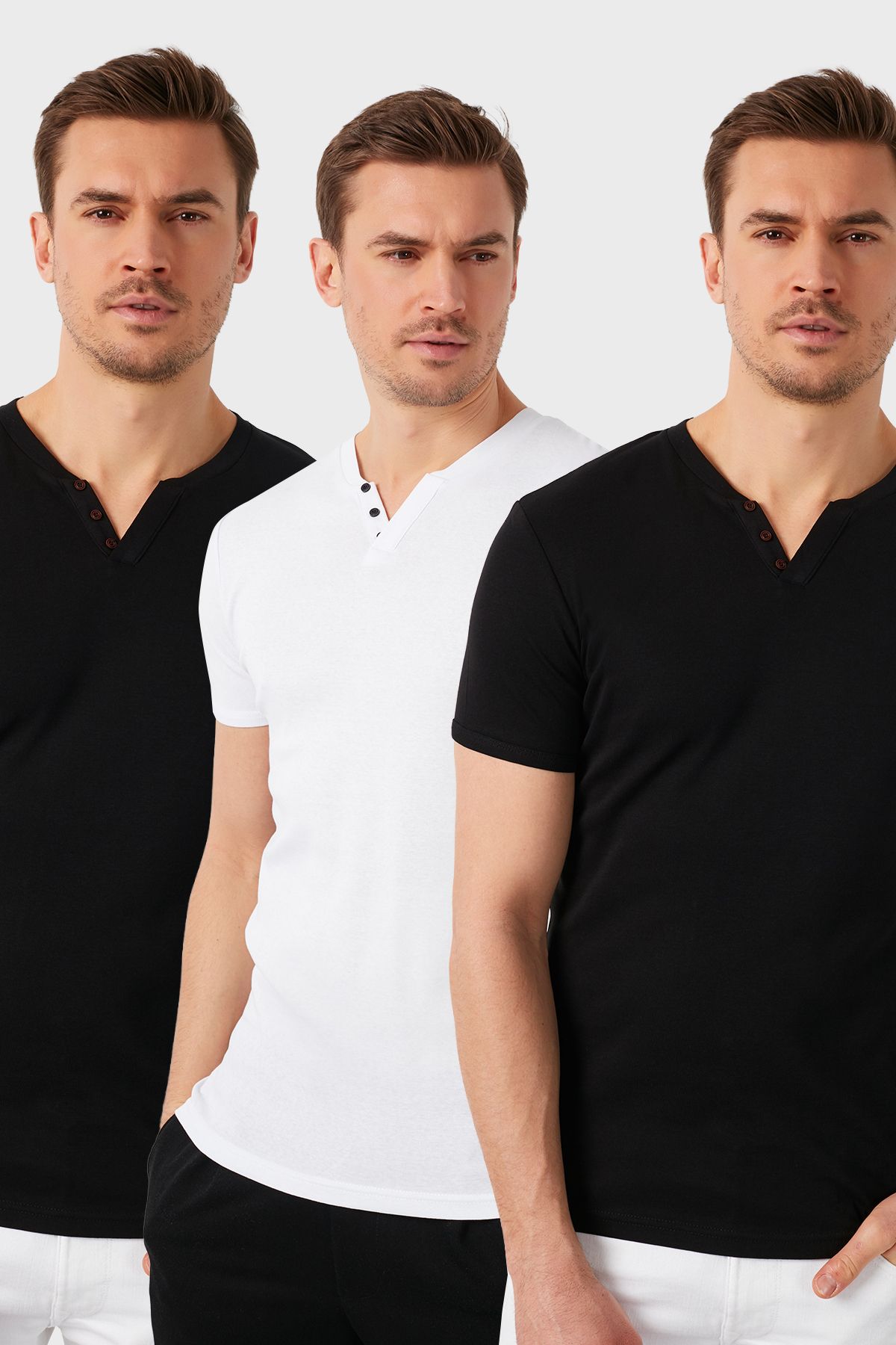 Buratti Pamuklu Düğme Detaylı Slim Fit V Yaka 3'lü Paket T Shirt Erkek T SHİRT 5902122S3