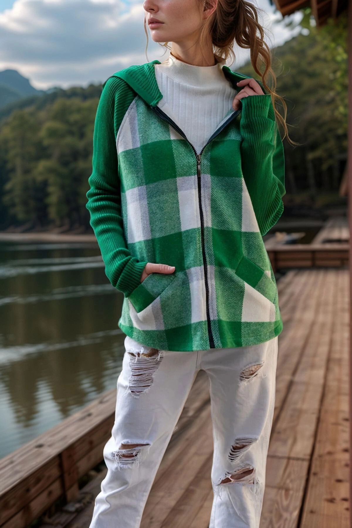 bacc Yeşil Cepli Kapüşonlu Raglan Kol Ekose Ceket Hırka BCBSK-25700-3194