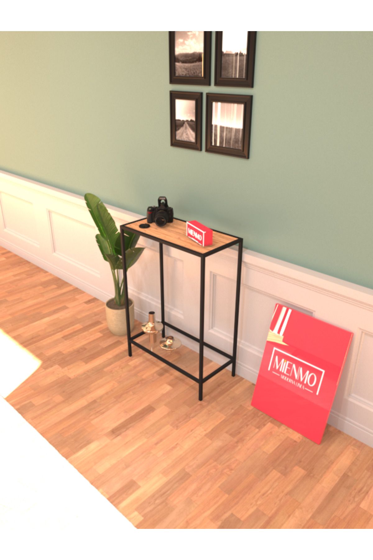 Mienmo Ludo Metal Dresuar Dekoratif Çok Raflı Kahve Köşesi Konsol Siyah Atlantik Çam Şeffaf Camlı 60 Cm