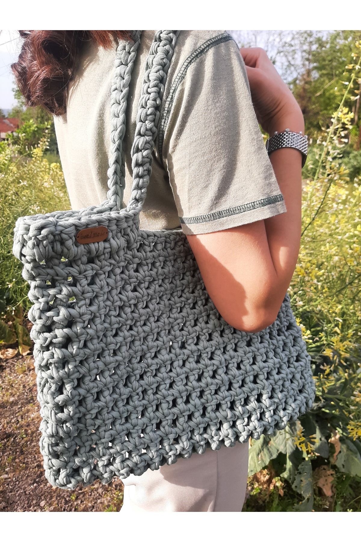 APRİLHANDMADE Açık Yeşil File Örme Çanta