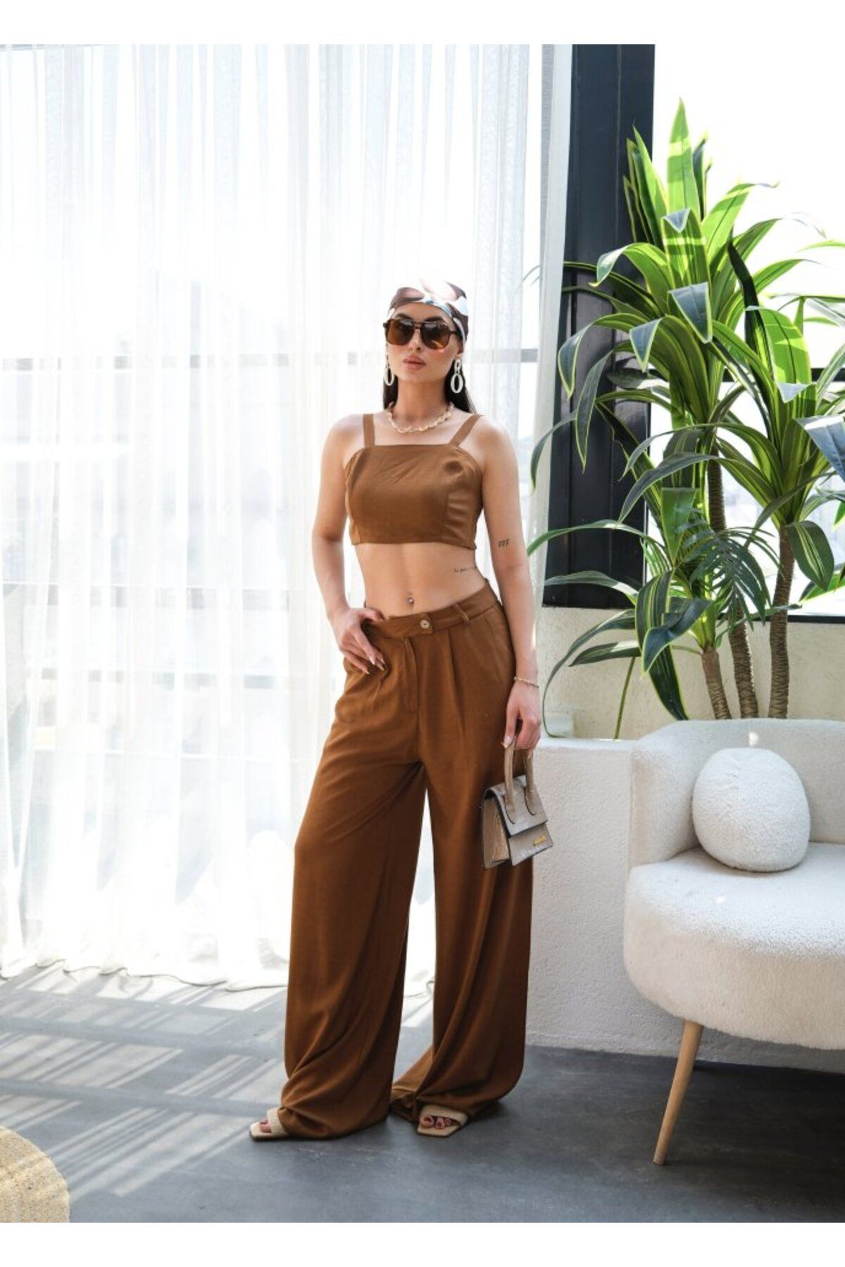 POLEXP Keten Gipeli Crop Ve Pantolon İkili Takim