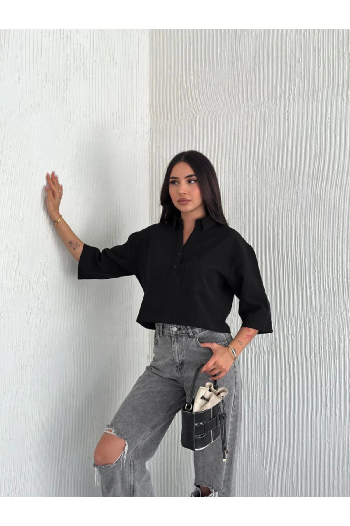 KAZAK Crop Yakalı Gömlek Üç Çeyrek Sleeve Kol - Siyah