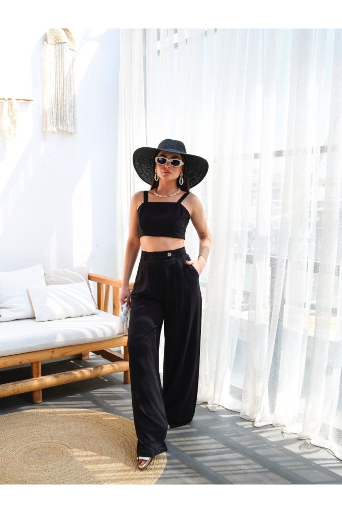 POLEXP Keten Gipeli Crop Ve Pantolon İkili Takim