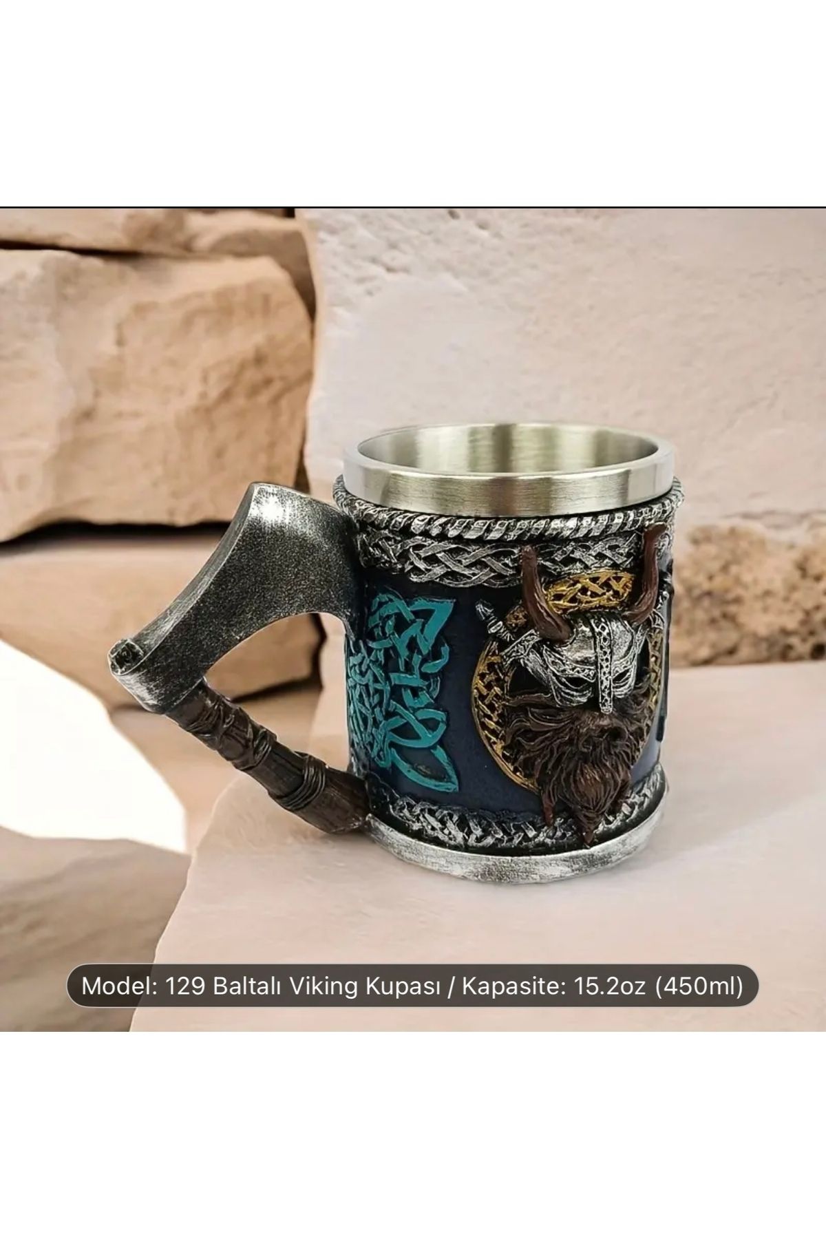 blackmount Baltalı Viking Temalı Kupa – 450 ml | Paslanmaz Çelik İç Yüzeyli Koleksiyonluk Bardak