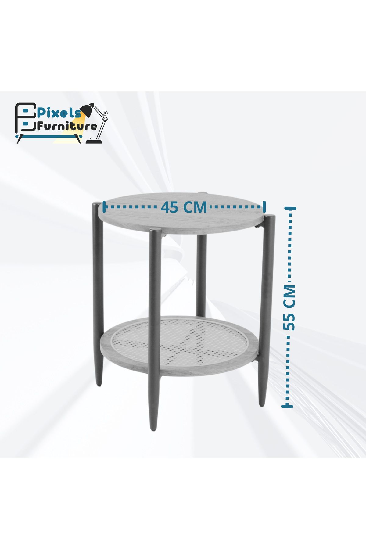 PixelsFurniture-Set of 2 Round Side Table 2 Layers Pixel Furniture Coffee Table with Wood Top, Rattan Bottom Shelf and Metal Ends 4