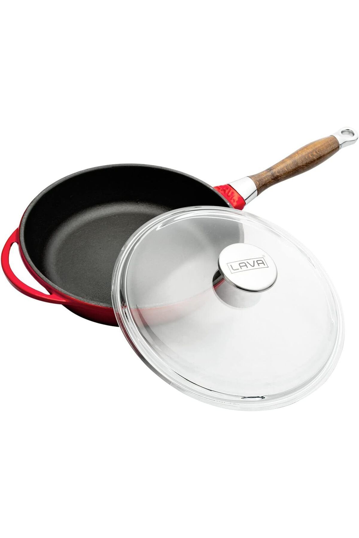 STOREMAX nffashopm Metal Cam Kapaklı Ahşap Kulplu Yuvarlak Kızartma Tavası, 24 cm, Kırımızı storestar
