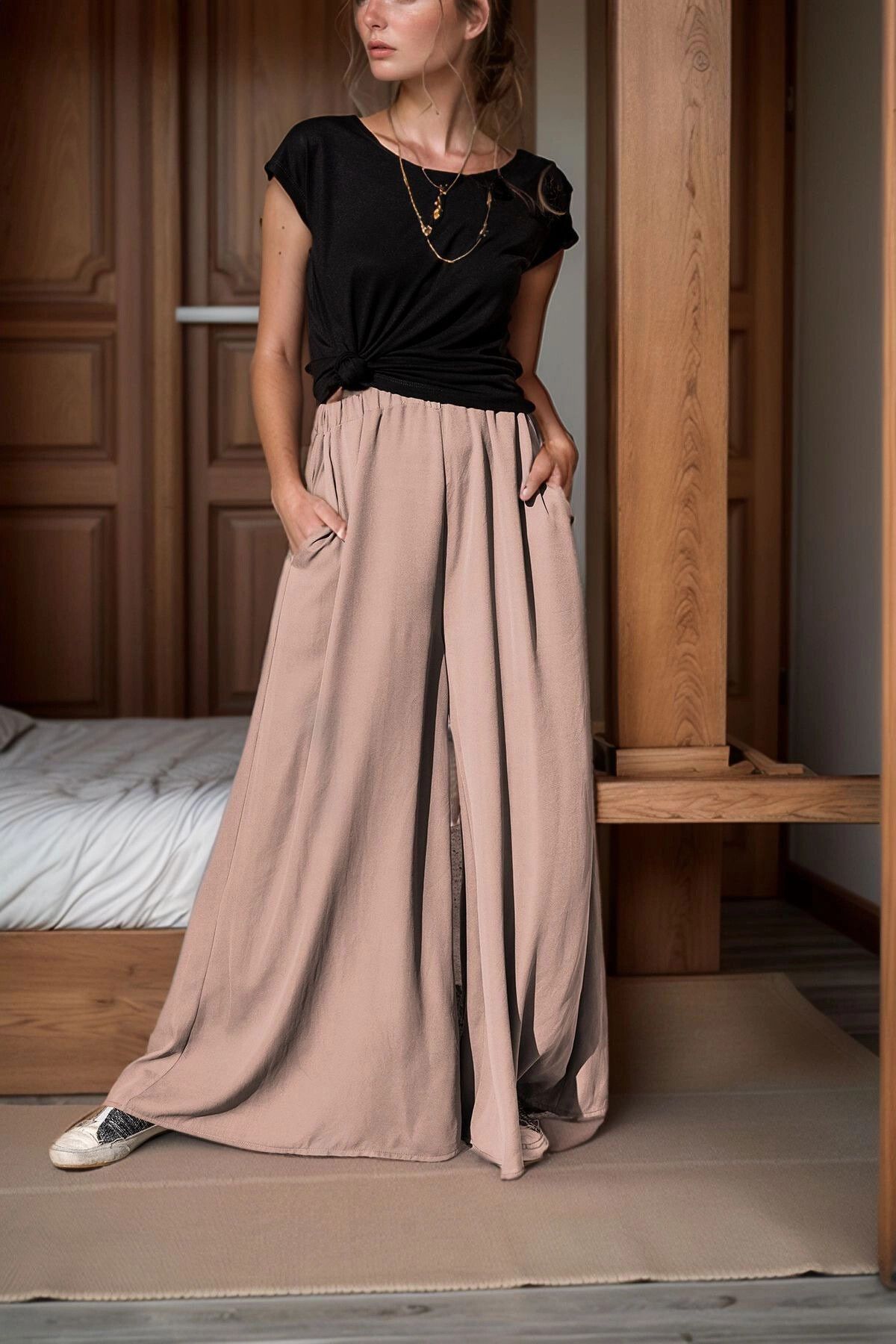 bacc Vizon Beli Lastikli Cepli Bol Paça Krep Pantolon BCBSK-25700-3222