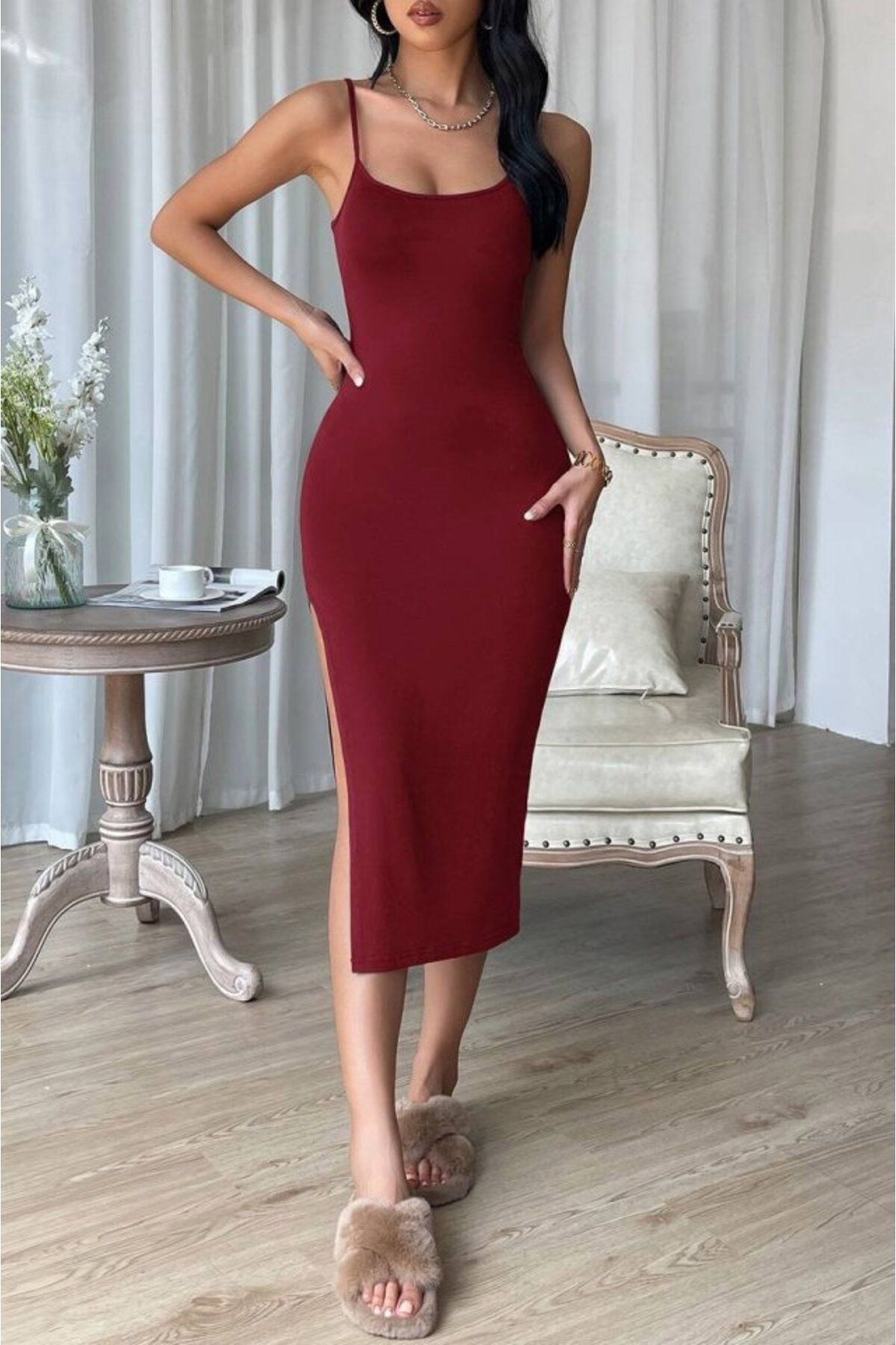 POLEXP Kadın Likralı Kumaş Askılı Yırtmaç Detay Elbise