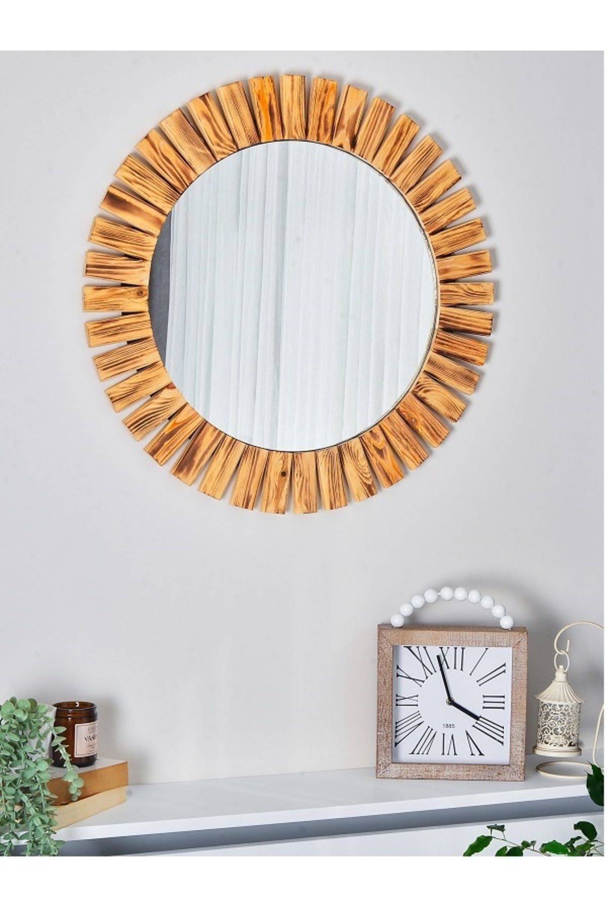 DFN WOOD Naturel 70x70 Cm Ahşap Yuvarlak Dekoratif Duvar Salon Konsol Banyo Aynası