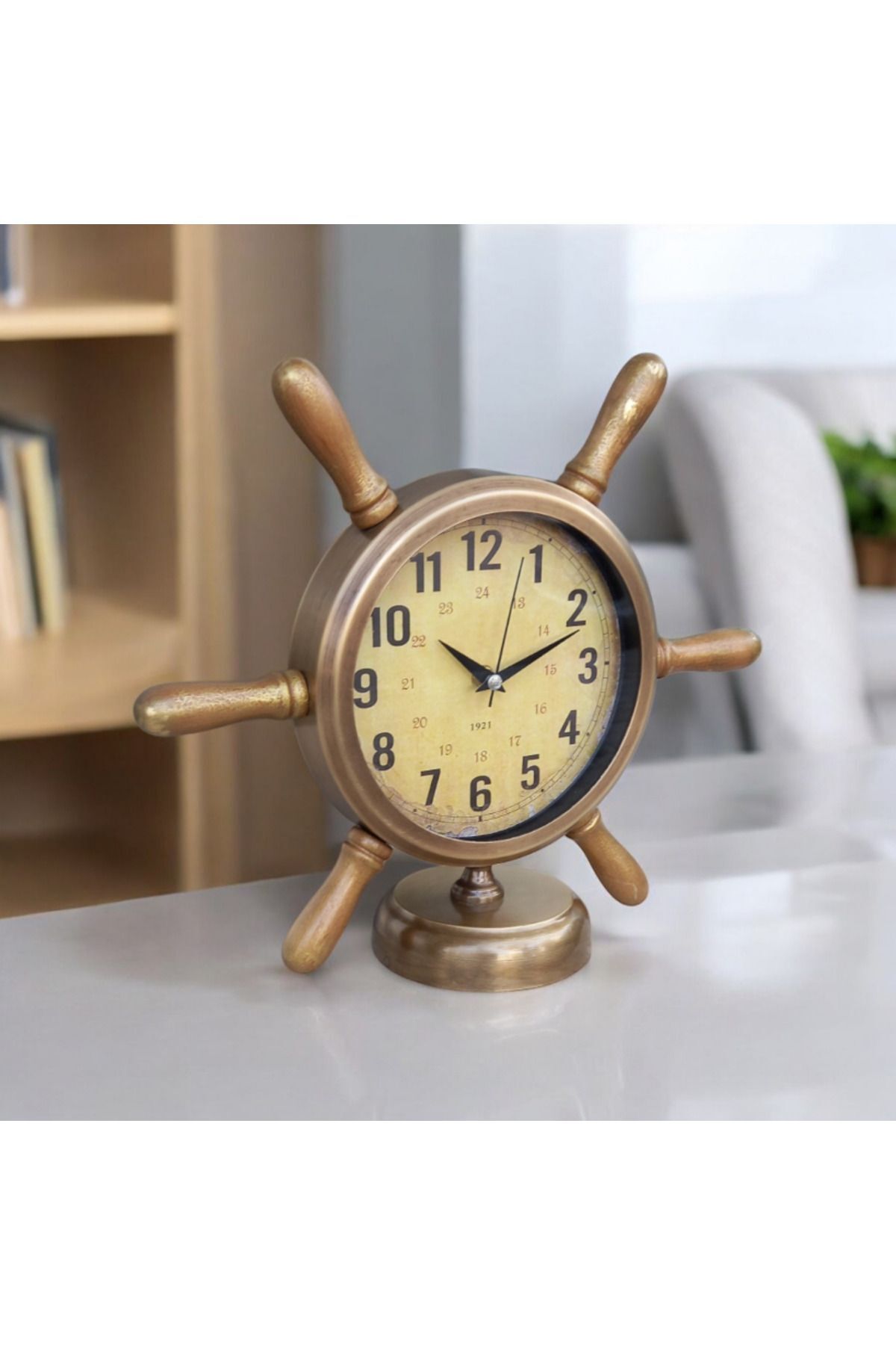 Bahat Altın Eskitme Metal Gemici Denizci Dümen Salon Ofis Otel Masa Saati 33*36 cm