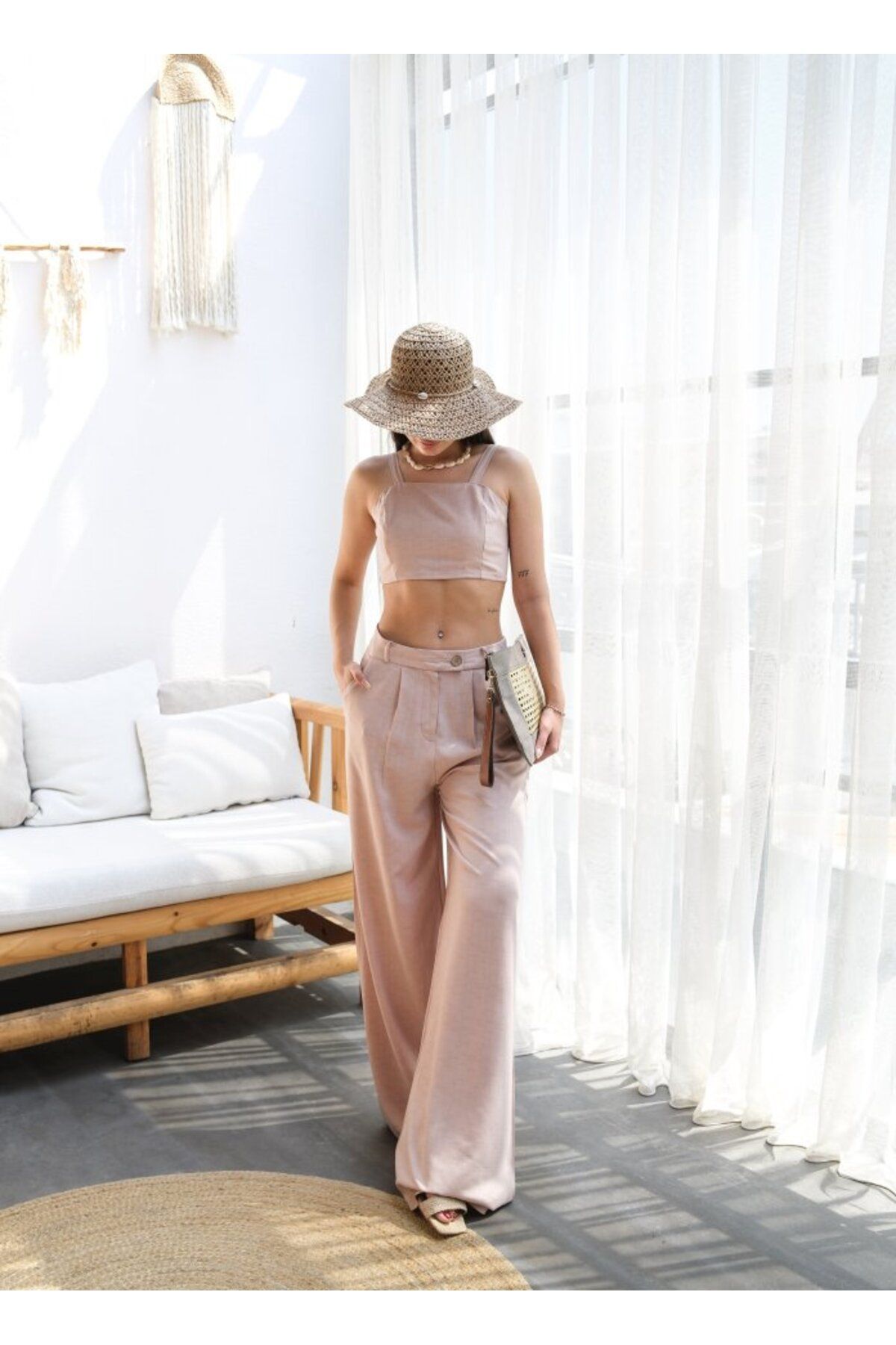 POLEXP Keten Gipeli Crop Ve Pantolon İkili Takim