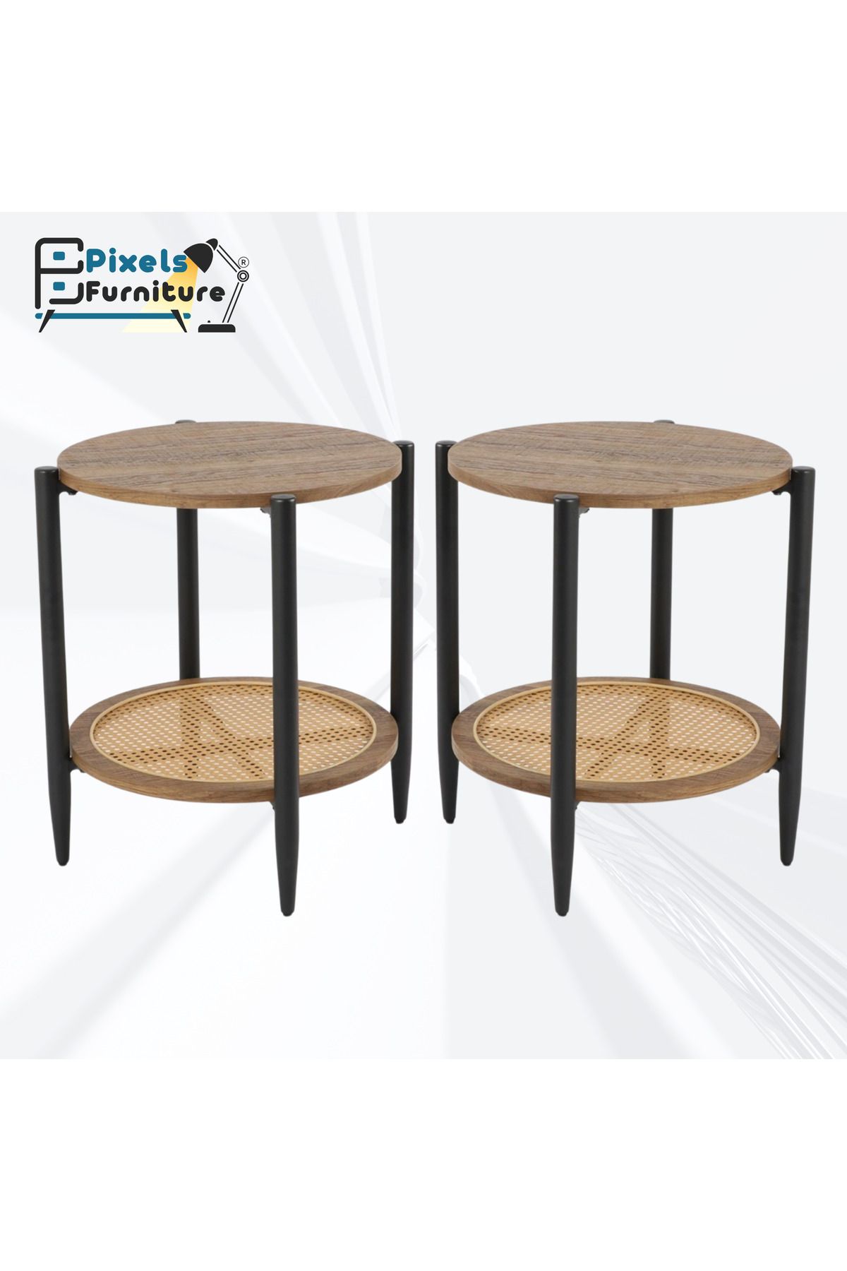 PixelsFurniture-Set of 2 Round Side Table 2 Layers Pixel Furniture Coffee Table with Wood Top, Rattan Bottom Shelf and Metal Ends 1