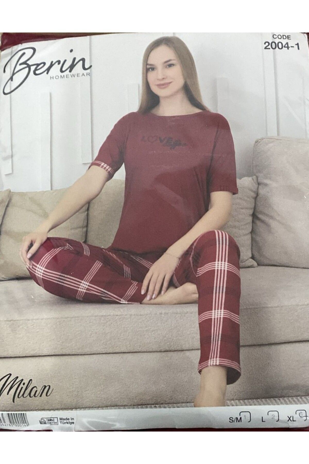 VELNO kısa kollu çizgili bordo pijama