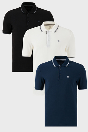 Buratti Pamuklu Slim Fit Şerit Detaylı Düğmeli Polo Yaka 3'lü Paket T Shirt E...