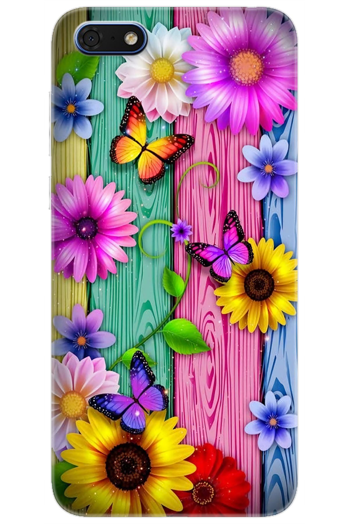 Ceppare Huawei Y5 2018 (DRA-L21) Uyumlu Kılıf Desenli Silikon Renkli Papatya - Kelebekler STK:719 CP-oxumSXU