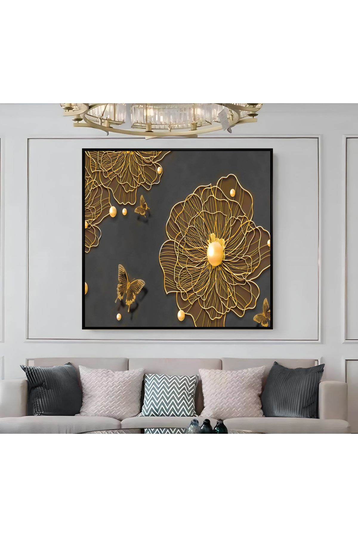 Harikabirev HARİKABİREV|METAL ÇERÇEVELİ KANVAS TABLO GOLD SOYUT ÇİÇEK MODELİ |CKKARE