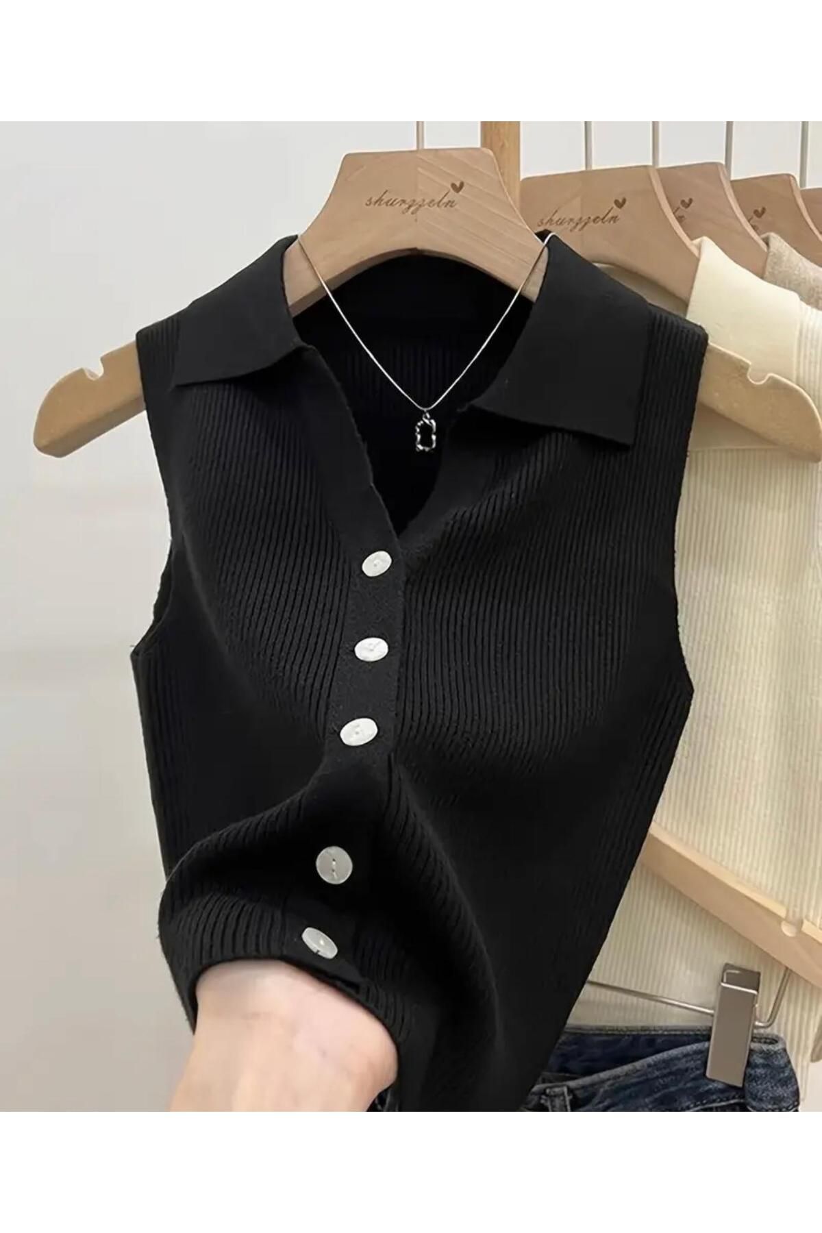 Foxstep Kadın Ekru Polo Yaka Düğmeli Kolsuz Triko T-Shirt