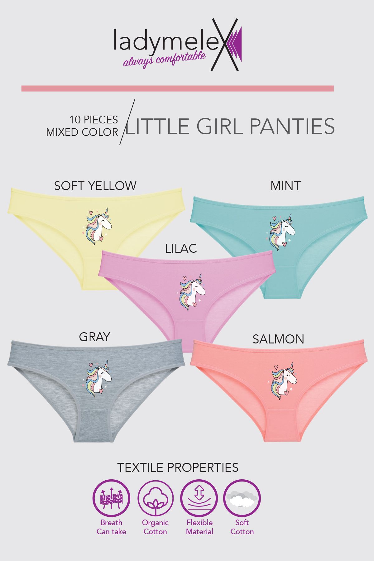 LadyMelex-Girl's Panties, Mixed Color, 10 Pieces Girls' Underpants, Soft Cotton Fabric 2
