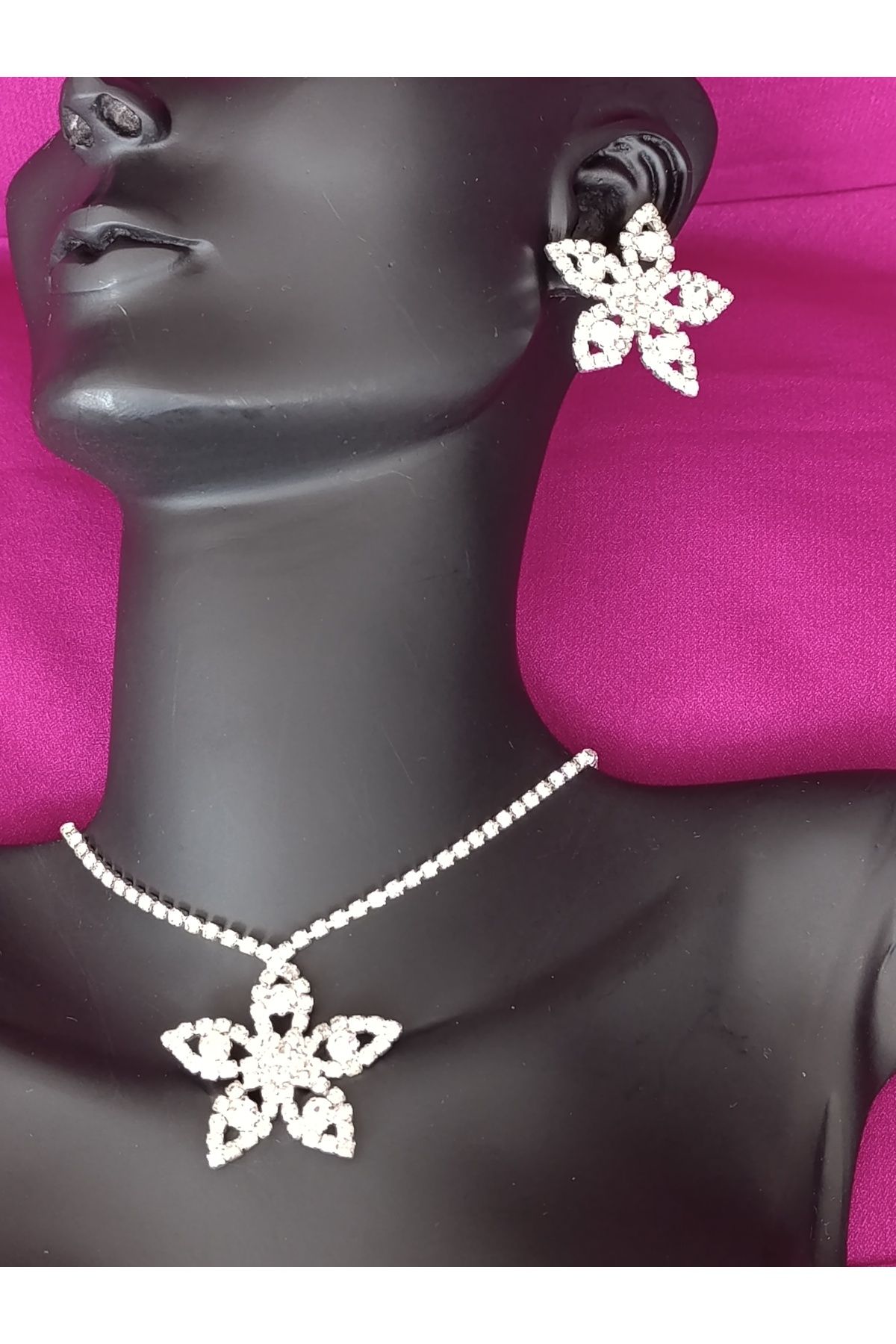 Zanora Yıldız model kolye küpe seti Gelin Takı Parti Davet seti Gümüş