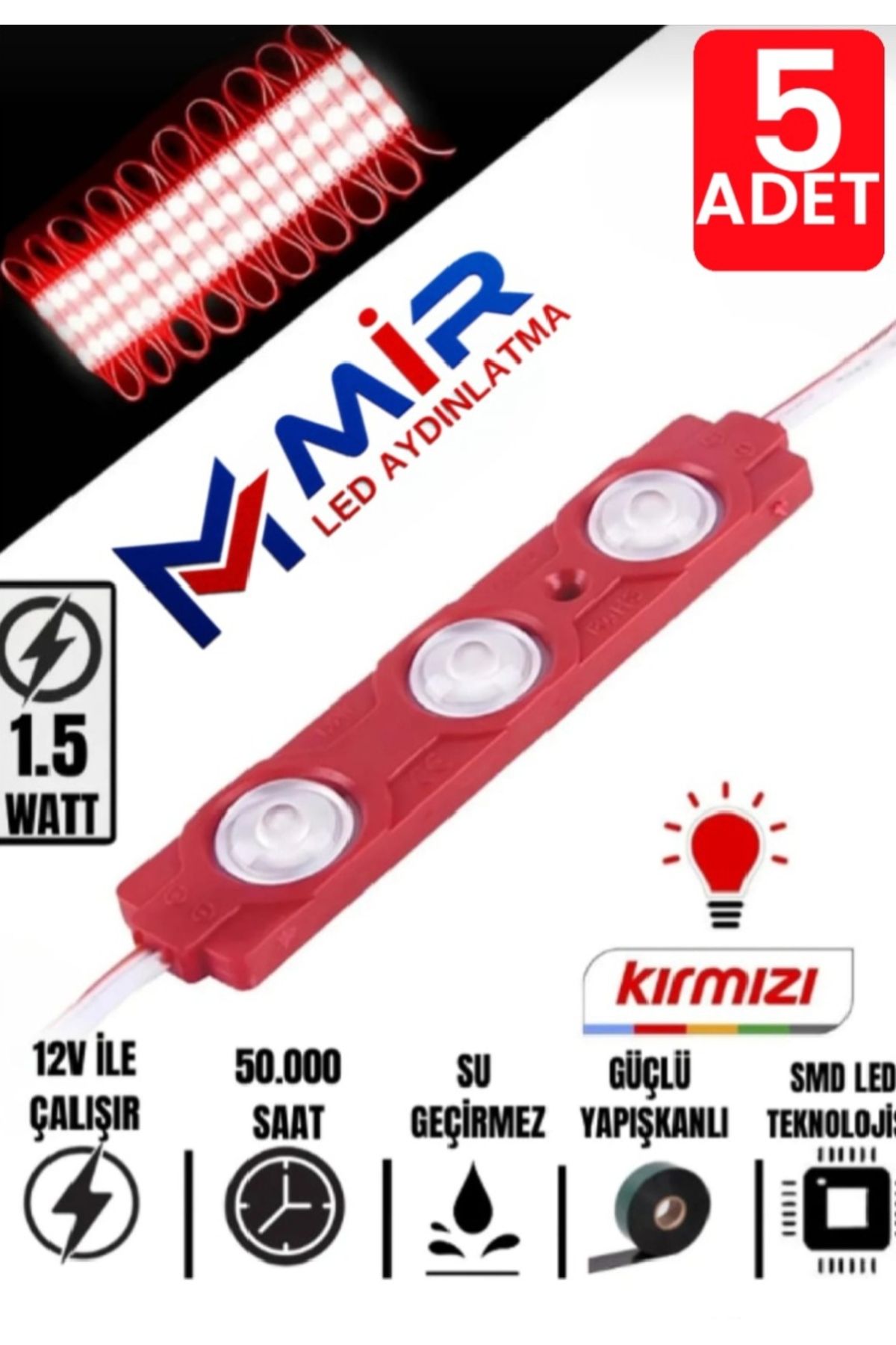 MİRLED AYDINLATMA MİR LED AYDINLATMA 3 Ledli Parmak Led Modül 1.5w 2835 Smd Mercekli 12V led Kırmızı Renk 5-ADET