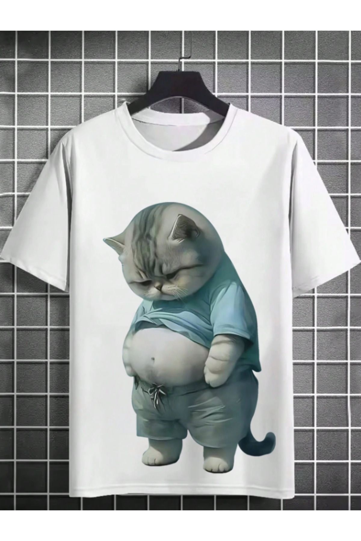 Framgan Unisex Tombul Üzgün Kedi Baskılı Kısa Kollu Tişört